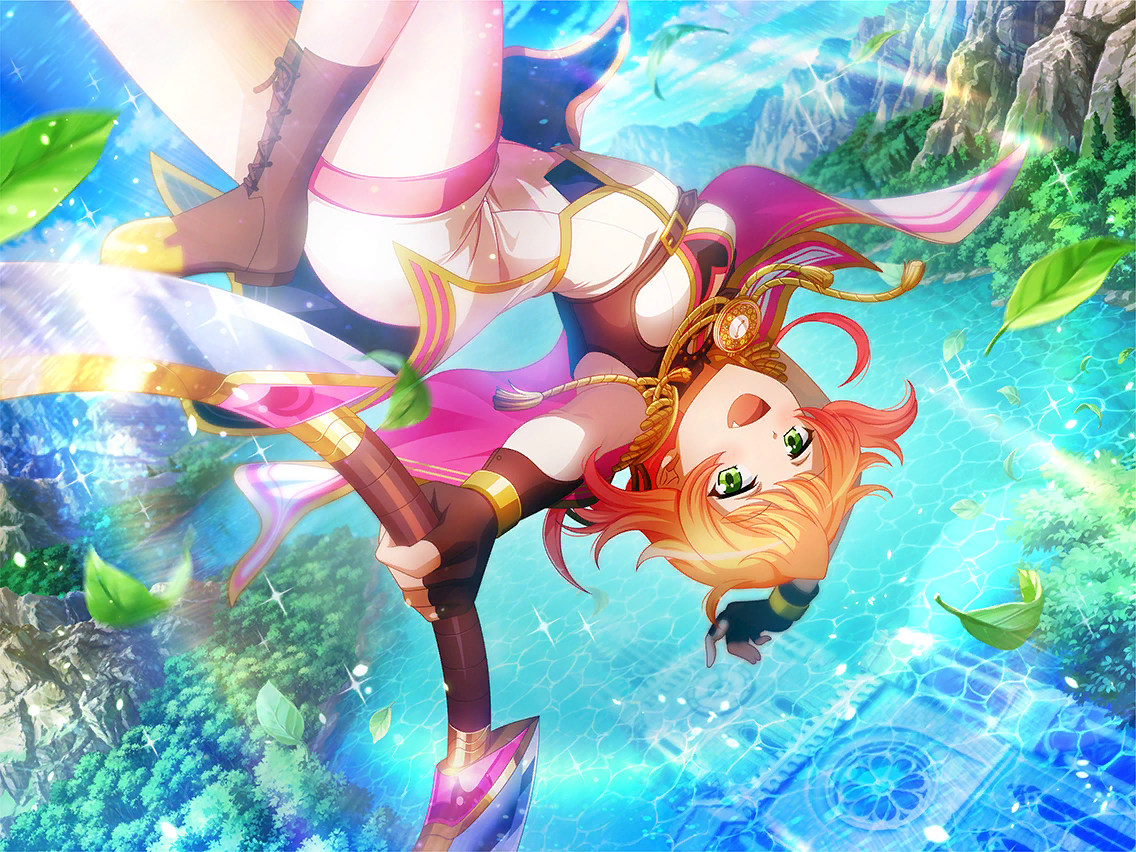 umibe minku, shoujo kageki revue starlight, shoujo kageki revue starlight -re live-, game cg, official art, 1girl, boots, brown boots, brown gloves, cape, chakram, fang, fingerless gloves, gloves, green eyes, holding, jacket, looking at viewer, open mouth, orange hair, petals, pink cape, skirt, solo, upside-down, water, weapon, white jacket, white skirt
