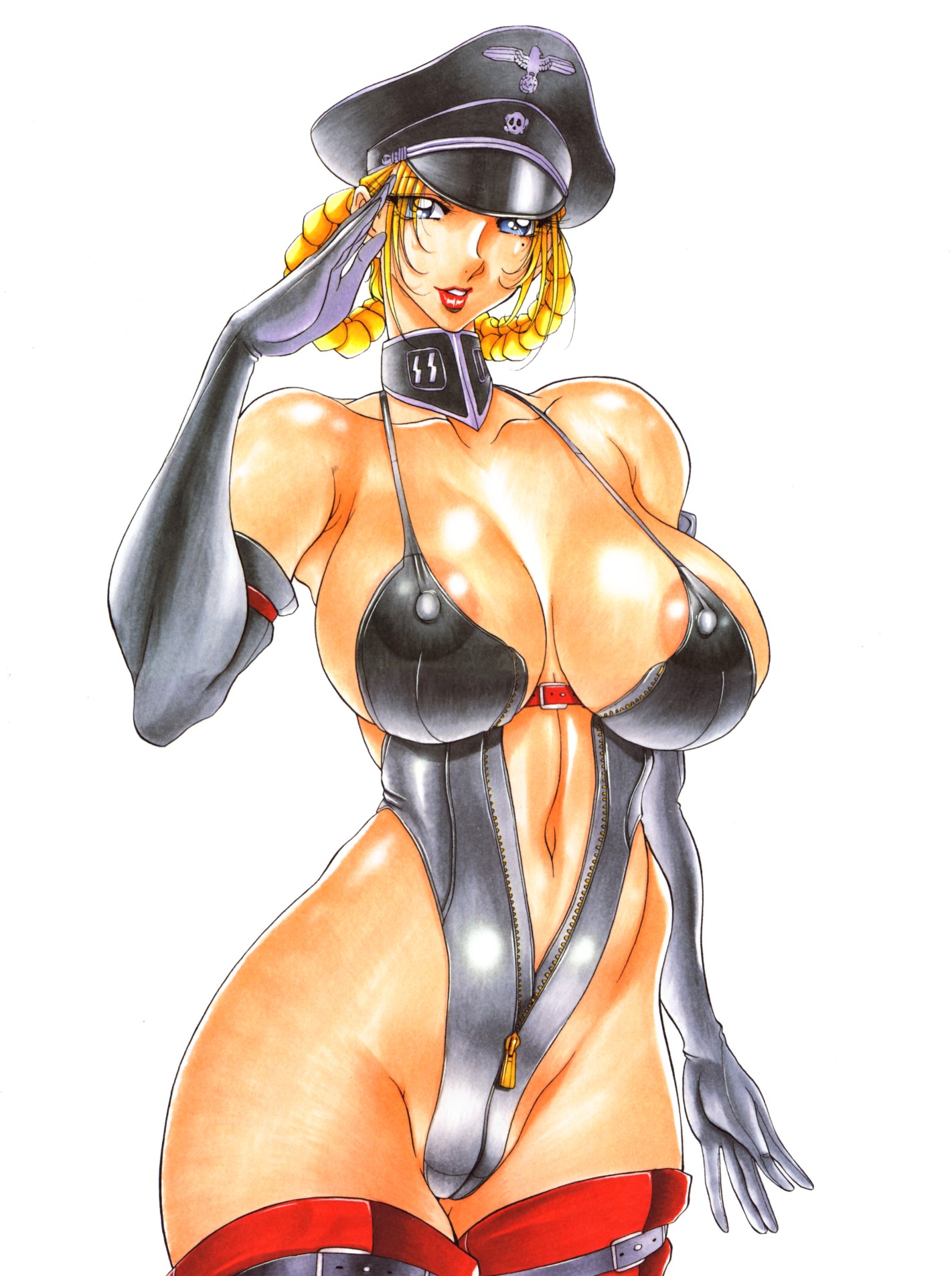 azuki kurenai, highres, 1girl, blonde hair, blue eyes, braid, breasts, female focus, gloves, hat, huge breasts, nipple slip, nipples, open clothes, open shirt, salute, shirt, solo