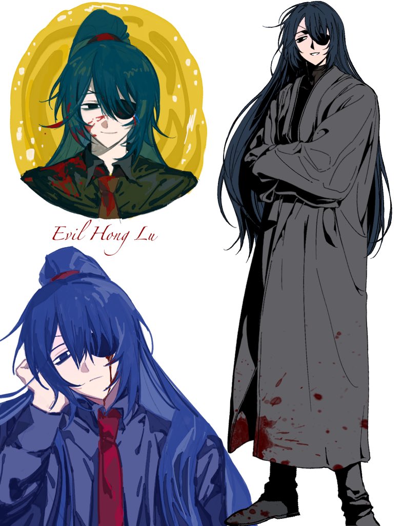 hong lu (project moon), limbus company, project moon, 1boy, alternate costume, bags under eyes, black eyes, black hair, black pants, black shirt, black shoes, bleeding, blood, blood on clothes, blood on face, character name, closed mouth, coat, collared shirt, cropped shoulders, crossed arms, empty eyes, english text, expressionless, eyepatch, family hierarch candidate (identity) (project moon), full body, grey coat, hair between eyes, hair down, head on hand, head rest, high ponytail, lalatuuuu, light smile, long coat, long hair, looking at viewer, male focus, necktie, one eye covered, pants, parted lips, ponytail, red necktie, shirt, shoes, simple background, solo, standing, turtleneck, turtleneck shirt, upper body, very long hair, white background, yellow eyes