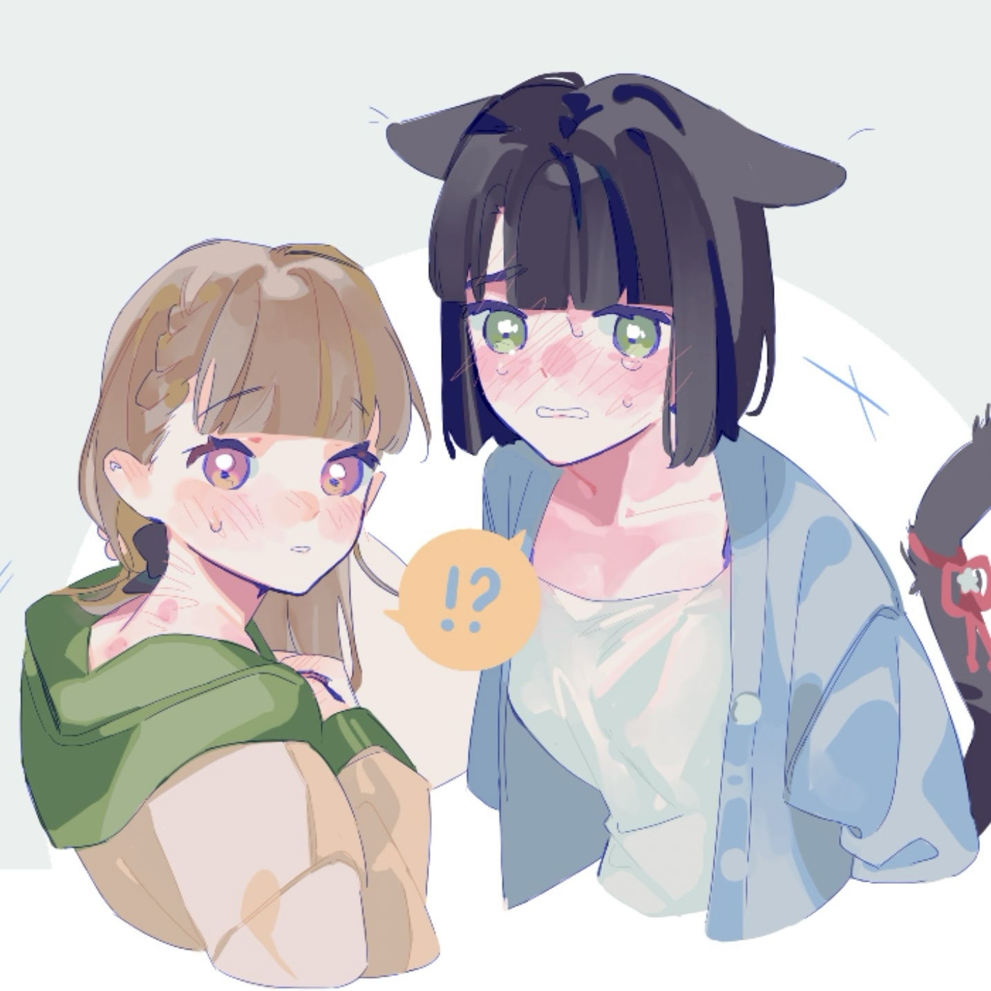 pipi (m1x mix), kachimachi kosuzu, kachimachi kosuzu (summer loungewear), momose ginko, momose ginko (summer loungewear), link! like! love live!, love live!, commentary, highres, !?, 2girls, animal ears, black bow, black hair, blue cardigan, blush, bow, braid, breasts, brown hair, cardigan, cat ears, cat girl, cat tail, center-flap bangs, collarbone, colored speech bubble, crying, crying with eyes open, dress, ears down, embarrassed, flower, flower knot, green eyes, green hood, hair bow, hickey, hood, hood down, hoodie, kemonomimi mode, long hair, looking at viewer, medium breasts, multiple girls, nape, nose blush, official alternate costume, open cardigan, open clothes, parted lips, peanut mouth, pink eyes, shared speech bubble, side braids, speech bubble, spoken interrobang, tail, tail flower, tail ornament, tears, virtual youtuber, white dress, white flower, yellow hoodie, yuri