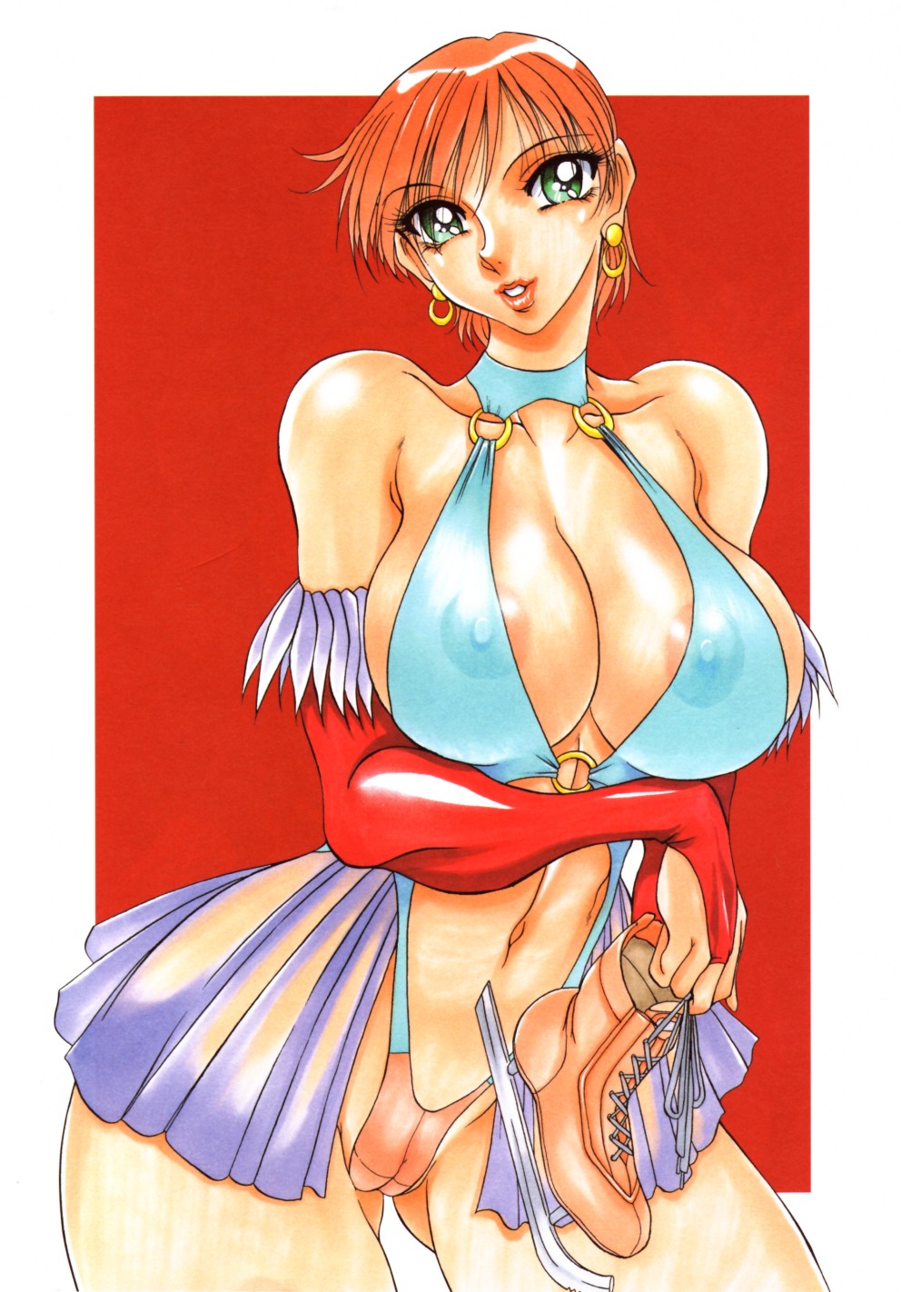 azuki kurenai, highres, breasts, huge breasts, ice skates, open clothes, open shirt, shirt, short hair, skates, skirt