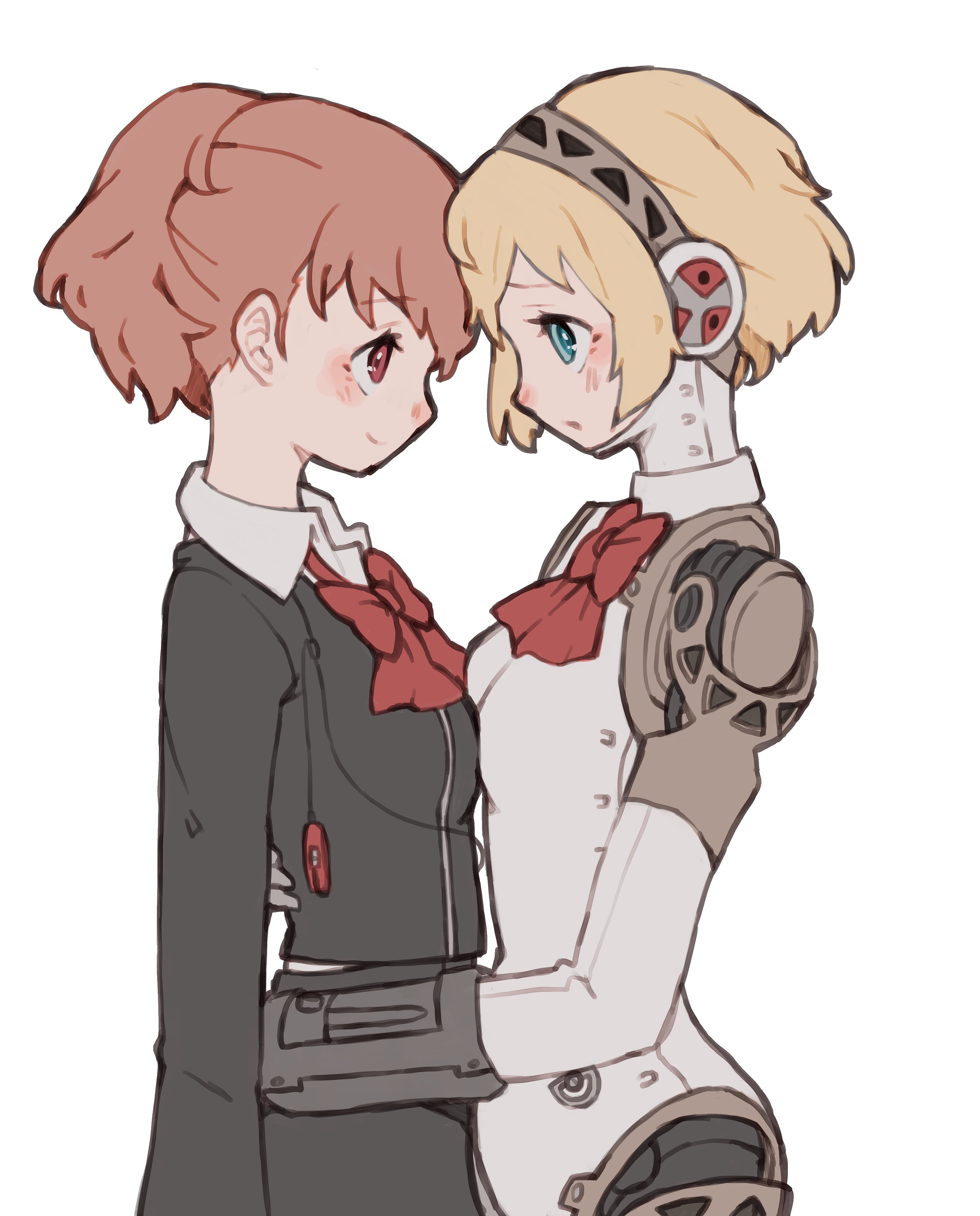 tbjj1208, aigis (persona), shiomi kotone, persona, persona 3, persona 3 portable, absurdres, highres, 2girls, android, aqua eyes, arms around waist, black jacket, black skirt, blonde hair, blush, bow, bowtie, breast press, brown hair, closed mouth, cowboy shot, earphones removed, from side, gekkoukan high school uniform, gold hairband, hairband, jacket, joints, looking at another, multiple girls, parted lips, ponytail, profile, red bow, red bowtie, red eyes, robot ears, robot joints, school uniform, short hair, simple background, skirt, smile, standing, white background, yuri