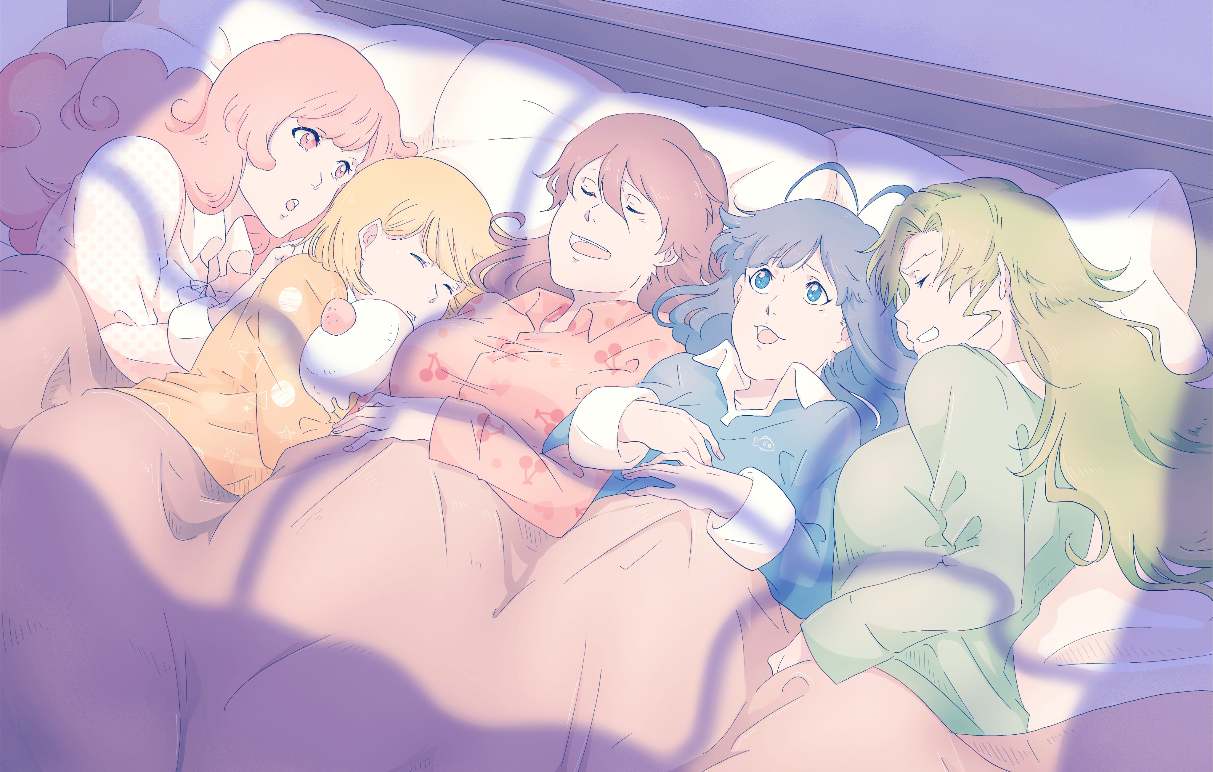 m1gm1gmagnesium, bambietta basterbine, candice catnipp, giselle gewelle, liltotto lamperd, meninas mcallon, bleach, bleach: sennen kessen-hen, absurdres, commentary request, highres, 1boy, 4girls, antenna hair, bed, blonde hair, blue eyes, blue hair, breasts, brown hair, curly hair, green hair, green pajamas, large breasts, long hair, medium breasts, multiple girls, pajamas, pillow, pink eyes, pink hair, pink pajamas, shared bed, shared blanket, short hair, sleeping, sleepover, stuffed toy, trap