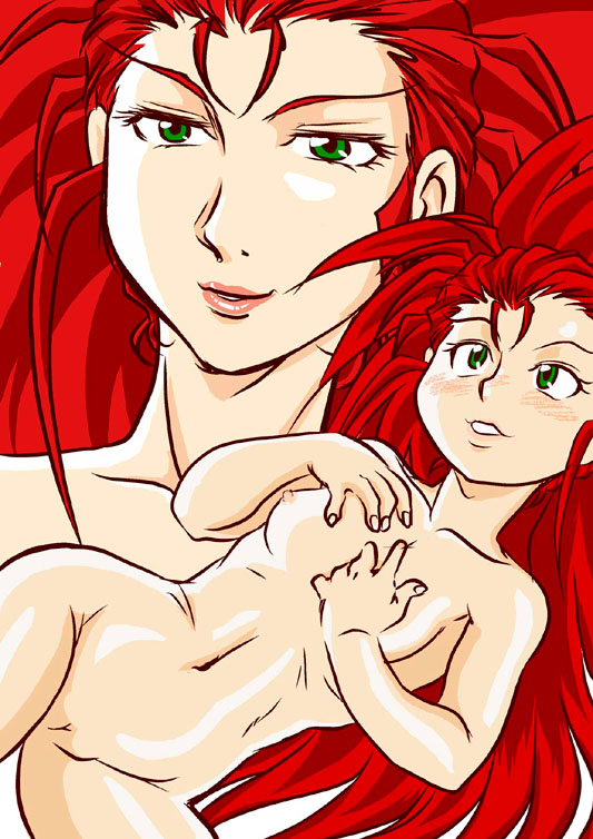 hakubi washuu, tenchi muyou!, 1girl, aged down, aged up, blush, breasts, dual persona, female focus, green eyes, long hair, lying, navel, nude, pussy, red hair, small breasts, uncensored, very long hair