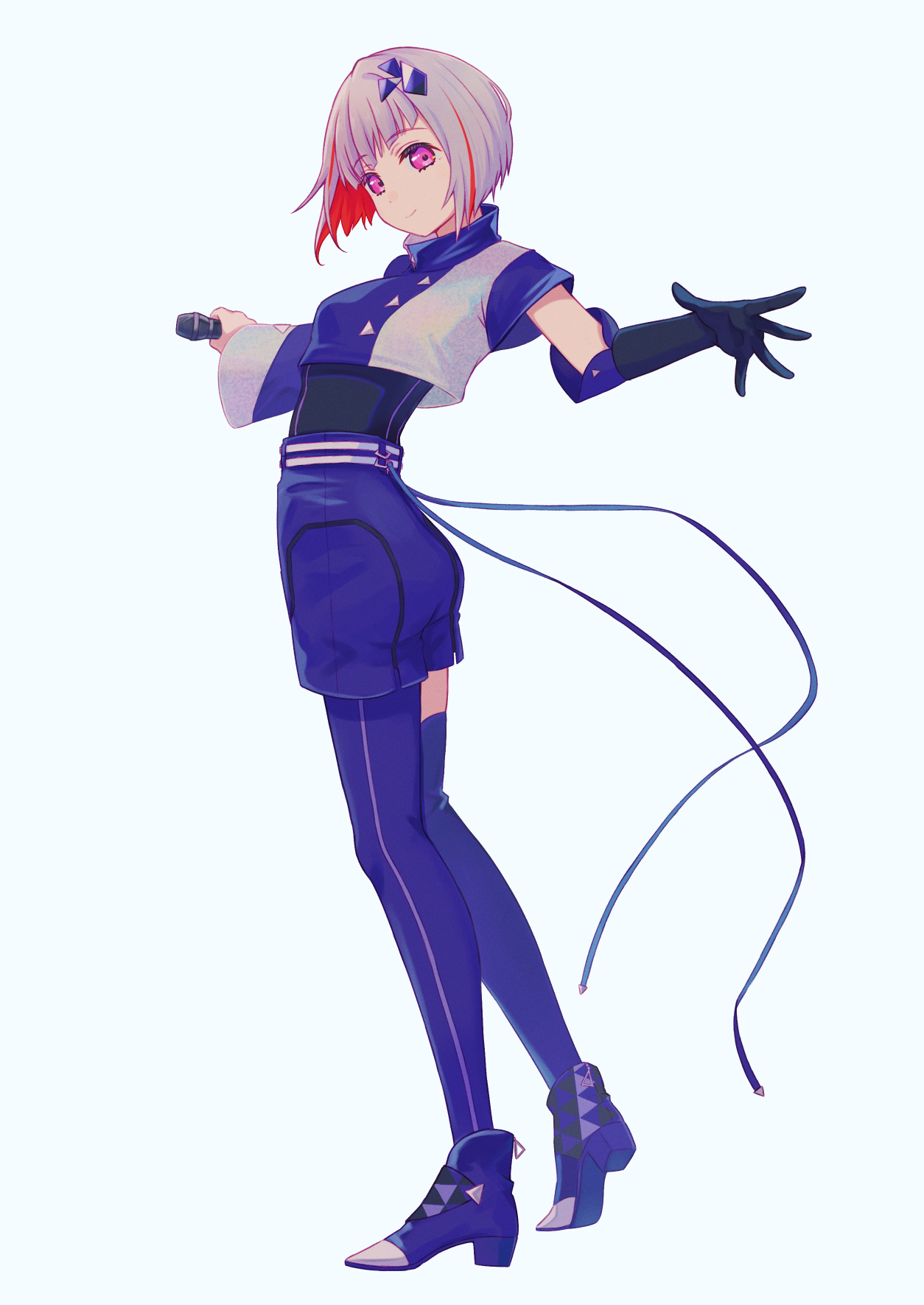 macken666, yugiri tsuzuri, link! like! love live!, love live!, commentary, highres, 1girl, asymmetrical sleeves, black gloves, blue jacket, blue pantyhose, blue shorts, blue thighhighs, breasts, colored inner hair, elbow gloves, full body, gloves, grey background, grey hair, holding, holding microphone, jacket, ladybug/beauty (love live!), long sleeves, looking at viewer, medium breasts, microphone, multicolored hair, official alternate costume, pantyhose, pink eyes, red hair, short shorts, short sleeves, shorts, simple background, single elbow glove, single glove, single leg pantyhose, single thighhigh, solo, streaked hair, thighhighs, uneven sleeves, virtual youtuber