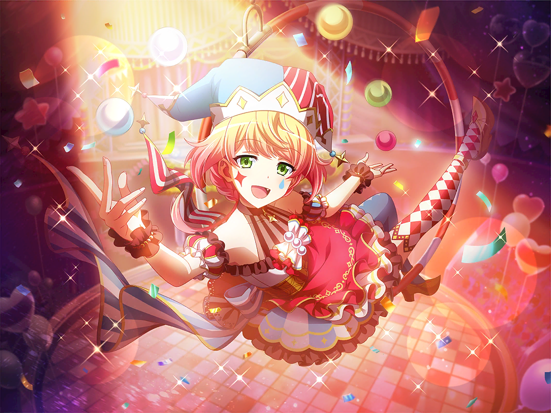 umibe minku, shoujo kageki revue starlight, shoujo kageki revue starlight -re live-, game cg, official art, 1girl, argyle clothes, argyle thighhighs, blonde hair, clown, dress, fang, frilled dress, frills, gradient hair, green eyes, hat, jester cap, looking at viewer, multicolored hair, open mouth, pink hair, red dress, scrunchie, solo, spotlight, sticker, sticker on face, wrist scrunchie
