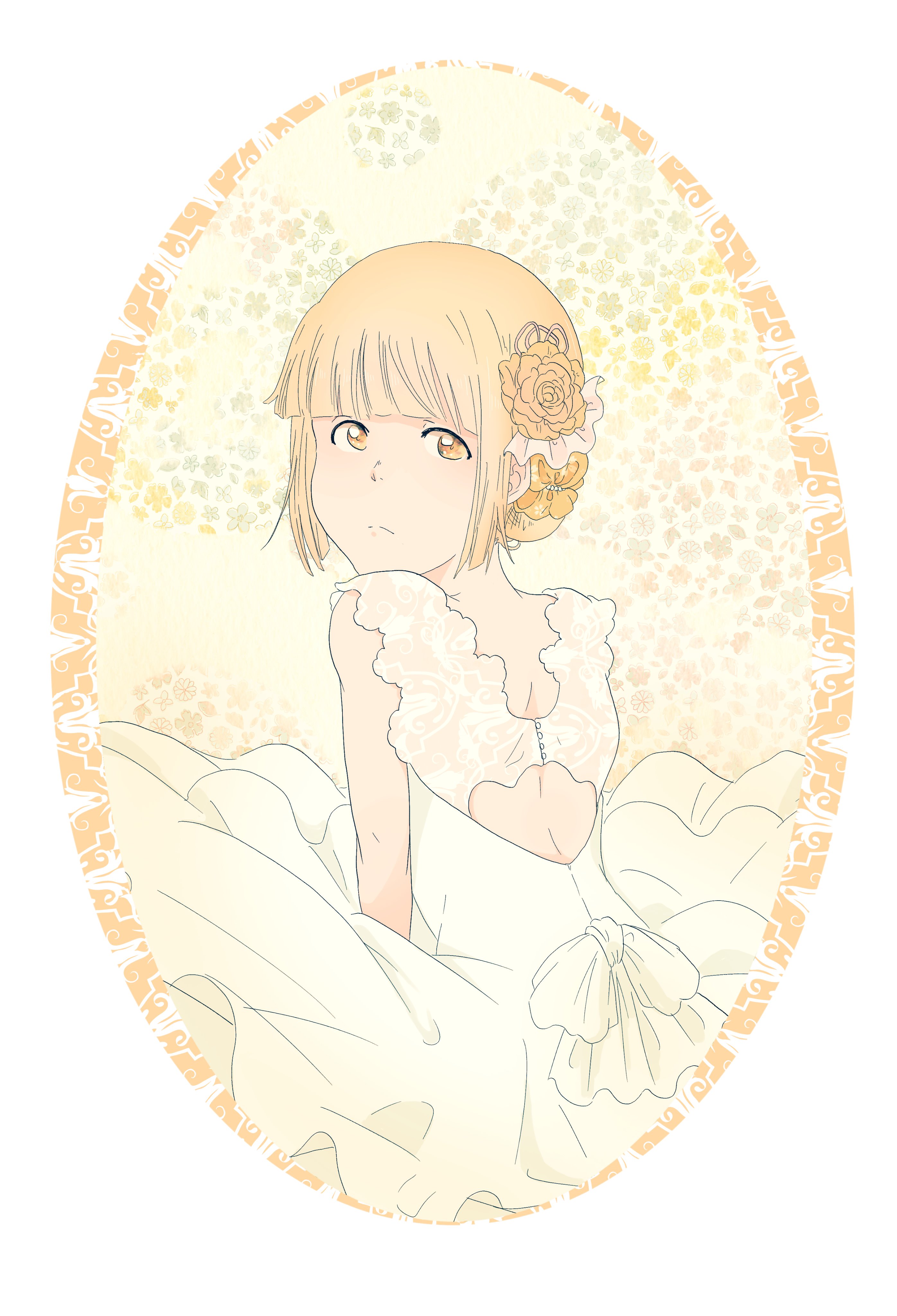 m1gm1gmagnesium, liltotto lamperd, bleach, bleach: sennen kessen-hen, absurdres, commentary request, highres, 1girl, back cutout, blonde hair, blunt bangs, bob cut, clothing cutout, dress, flower, frilled dress, frills, from behind, frown, hair flower, hair ornament, looking back, short hair, solo, upper body, white dress, yellow eyes