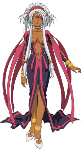 hild, aa megami-sama, lowres, stitched, third-party edit, blue eyes, breasts, choker, cleavage, dark skin, demon girl, facial mark, forehead mark, long hair, navel, white hair