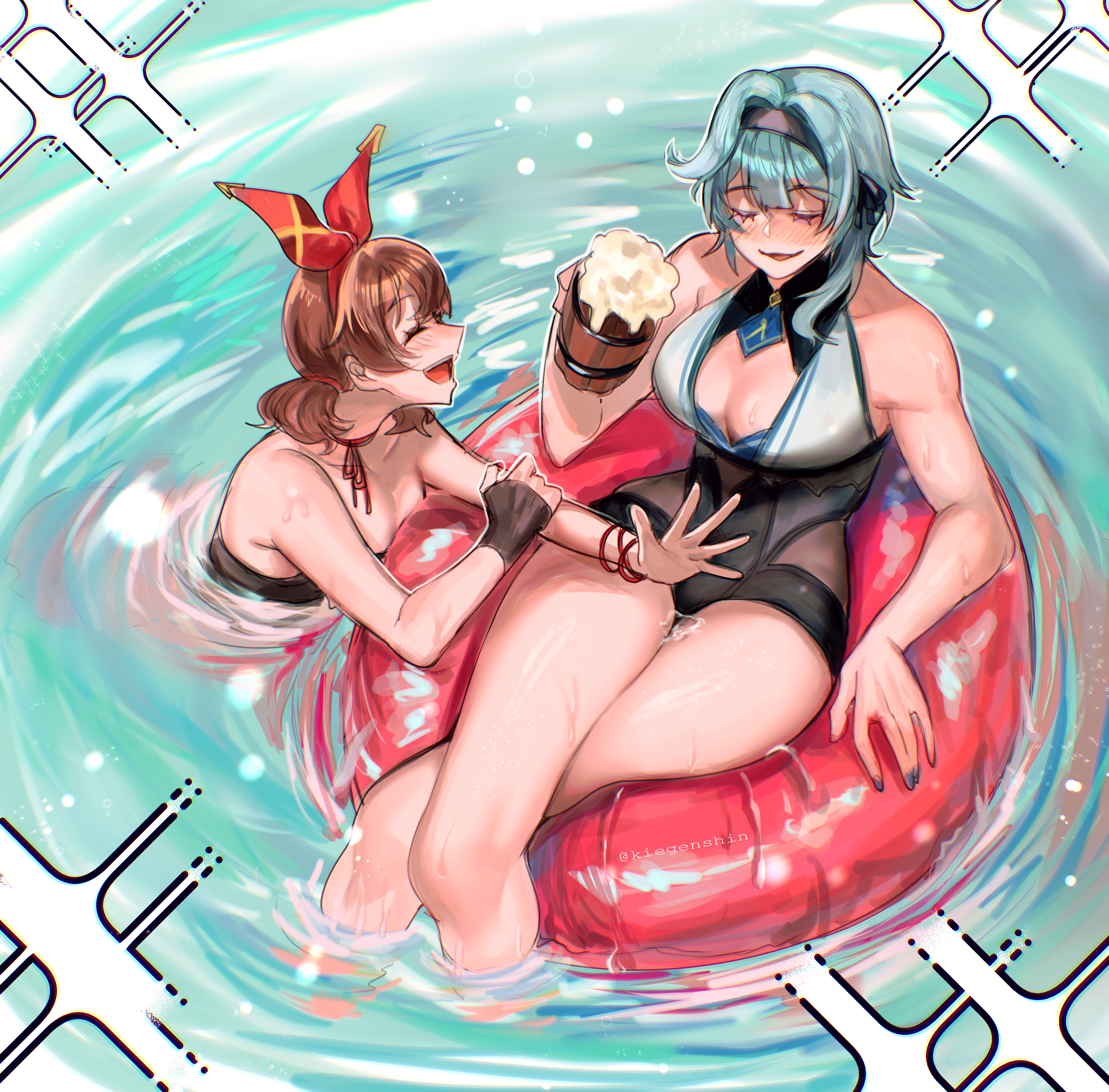 kiegenshin, amber (genshin impact), eula (genshin impact), genshin impact, absurdres, commentary request, highres, 2girls, afloat, alcohol, alternate body size, alternate hairstyle, beer, beer mug, blue hair, blush, breasts, brown hair, closed eyes, cup, facing another, from above, hair intakes, hairband, hand rest, hand up, headband, holding, holding cup, innertube, large breasts, long hair, low twintails, mug, multiple girls, muscular, muscular female, neck ribbon, nose blush, on innertube, one-piece swimsuit, open mouth, outstretched arm, outstretched hand, partially submerged, red ribbon, ribbon, ripples, short twintails, smile, swim ring, swimsuit, twintails, water, wet, wooden cup