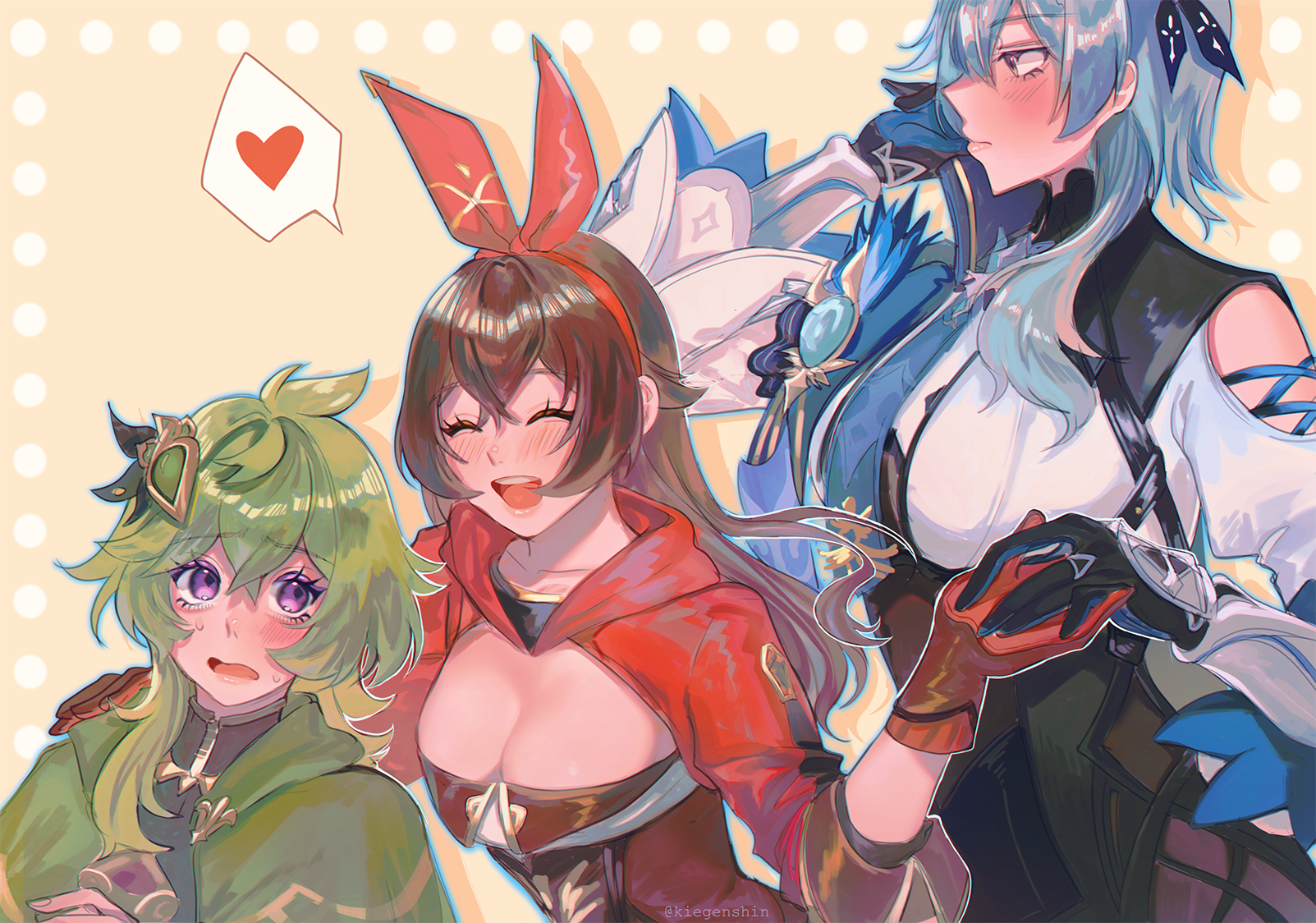 kiegenshin, amber (genshin impact), collei (genshin impact), eula (genshin impact), genshin impact, commentary request, highres, 3girls, alternate breast size (larger), black hairband, blue hair, blush, breasts, brown hair, gloves, green hair, hair between eyes, hair ornament, hairband, long hair, long sleeves, medium hair, multiple girls, open mouth, purple eyes, red ribbon, ribbon, yuri