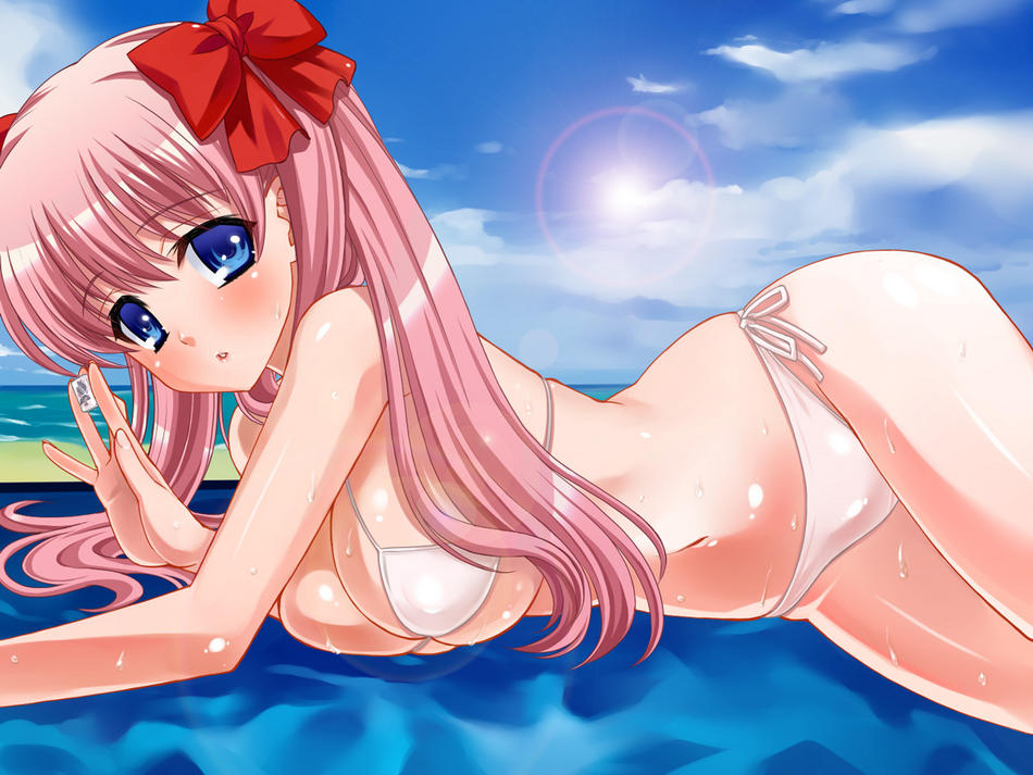 saki, bikini, blush, cleavage, lying, swimsuit