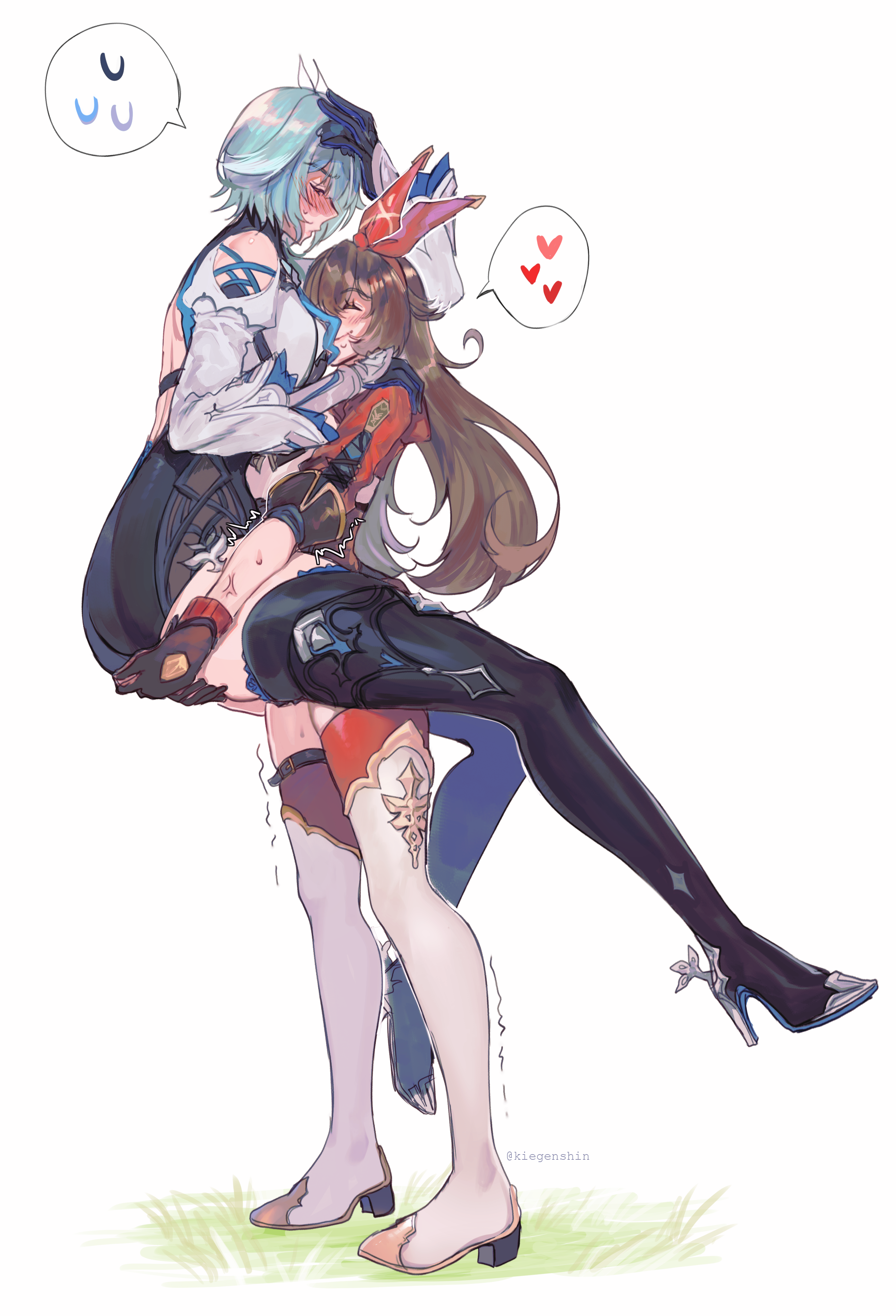 kiegenshin, amber (genshin impact), eula (genshin impact), genshin impact, absurdres, commentary request, highres, 2girls, black hairband, blue hair, blush, boots, breasts, brown hair, carrying, carrying person, gloves, had a dream everyone was drawing lesbian ships like this (meme), hair between eyes, hair ribbon, hairband, heavy, height difference, high-waist shorts, lifting another's clothes, long hair, long legs, long sleeves, medium hair, meme, multiple girls, red ribbon, ribbon, short shorts, shorts, size difference, struggling, sweat, thick thighs, thigh boots, thighhighs, thighs, trembling, trembling legs, yuri