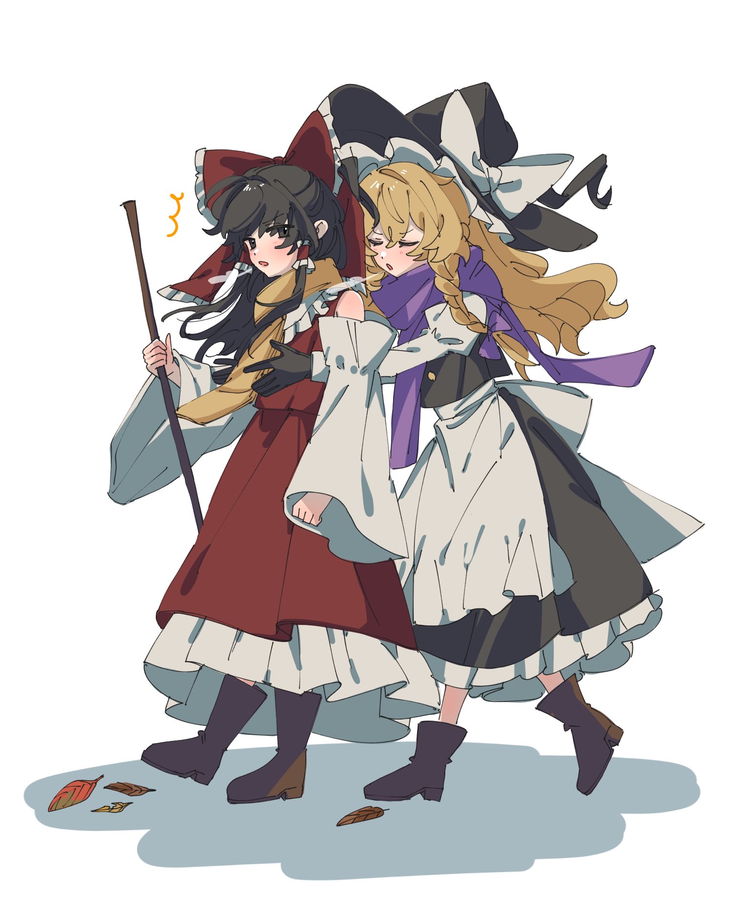 hua88331, hakurei reimu, kirisame marisa, touhou, commentary request, highres, 2girls, ^^^, apron, black eyes, black gloves, black hair, black skirt, black vest, blush, boots, bow, braid, breath, brown boots, closed eyes, collared shirt, detached sleeves, frilled hair tubes, frills, full body, gloves, hair between eyes, hair bow, hair tubes, hat, hat bow, incoming hug, juliet sleeves, leaf, long hair, long sleeves, multiple girls, open mouth, puffy sleeves, purple bow, purple scarf, red bow, red skirt, scarf, shirt, side braid, simple background, single braid, skirt, sleeveless, sleeveless shirt, vest, waist apron, white apron, white background, white bow, white shirt, wide sleeves, witch hat, yellow scarf
