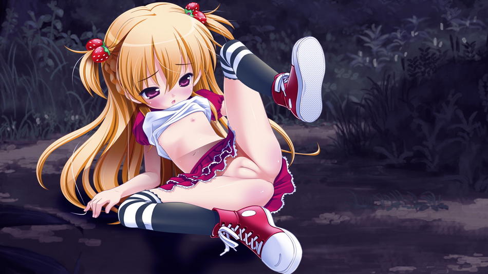 haruno ichigo (shoujo to sekai to okashi no ken), shoujo to sekai to okashi no ken, jpeg artifacts, 1girl, blonde hair, blush, clothes lift, female focus, flat chest, hair ornament, loli, lying, no panties, pink eyes, pussy, shirt lift, solo, spread legs, thighhighs, two side up, uncensored