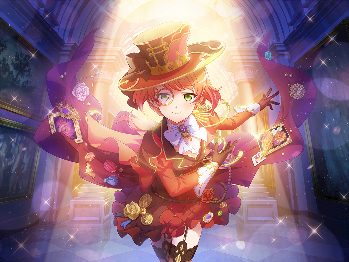 arsene lupin, umibe minku, shoujo kageki revue starlight, shoujo kageki revue starlight -re live-, game cg, official art, 1girl, arsene lupin (cosplay), black gloves, bow, brown thighhighs, closed mouth, cosplay, garter straps, gloves, green eyes, hat, jacket, jewelry, long sleeves, looking at viewer, monocle, orange hair, puffy long sleeves, puffy sleeves, red hat, red jacket, ring, smile, solo, standing, thighhighs, upper body, white bow