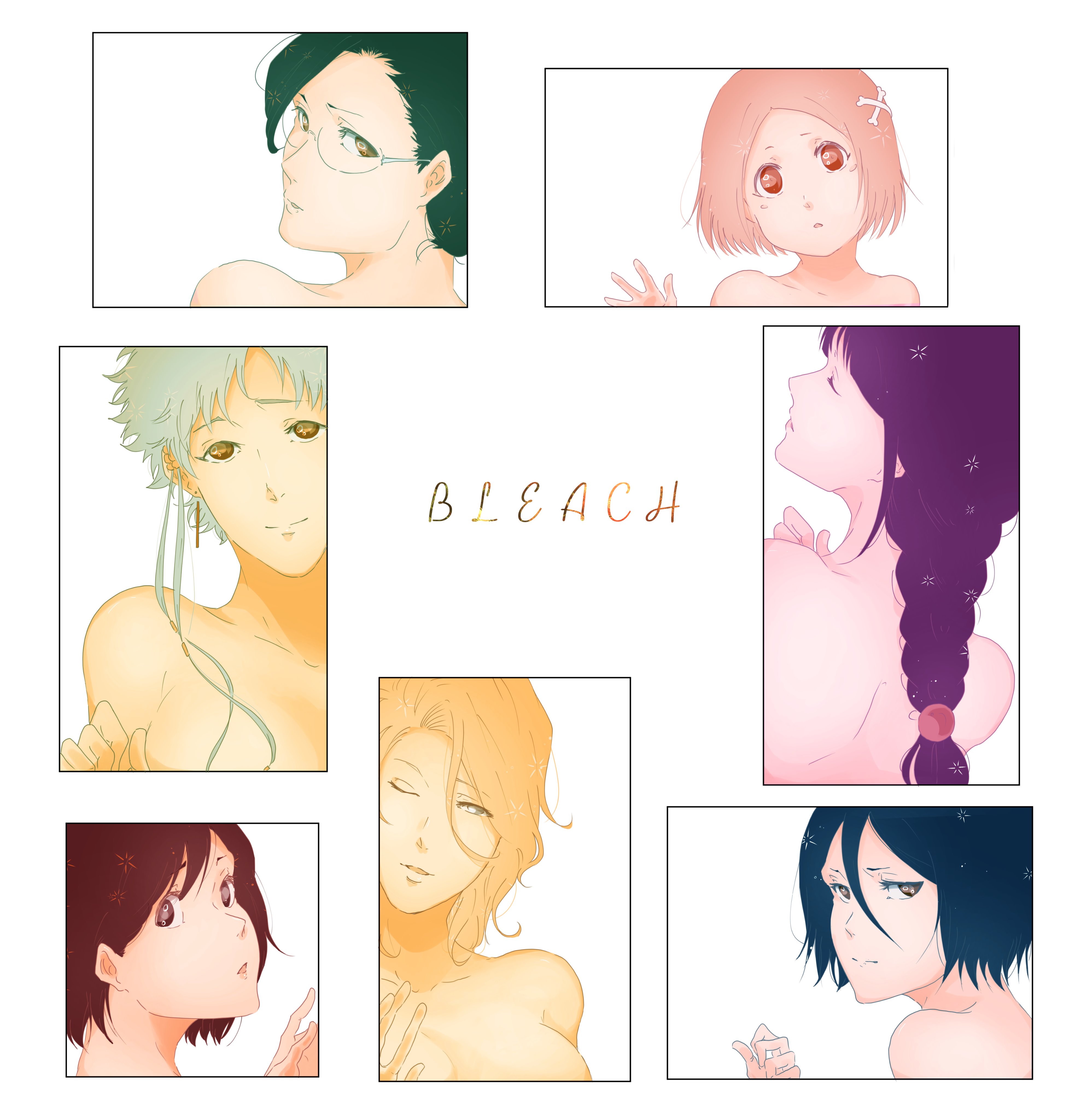 m1gm1gmagnesium, hinamori momo, ise nanao, kotetsu isane, kuchiki rukia, kurotsuchi nemu, kusajishi yachiru, matsumoto rangiku, bleach, bleach: sennen kessen-hen, absurdres, commentary request, highres, 6+girls, bare shoulders, black hair, bone hair ornament, braid, braided ponytail, breasts, brown eyes, copyright name, earrings, glasses, hair between eyes, hair ornament, jewelry, large breasts, long hair, multiple girls, one eye closed, pink hair, raised eyebrow, red eyes, short hair, short hair with long locks, single braid, smile, waving