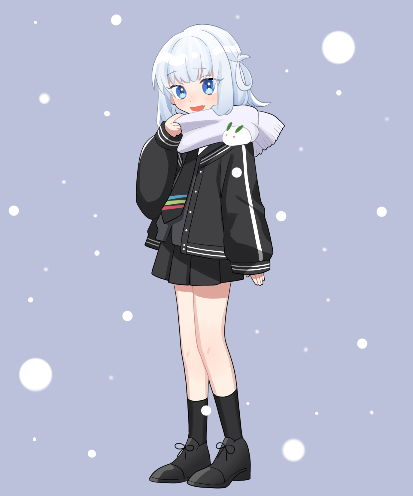 machi no hito, nanase suzuna, nijisanji, virtual talent academy, hashtag-only commentary, highres, 1girl, black jacket, black necktie, black shoes, black skirt, black socks, black sweater vest, blue hair, blush, bob cut, buttons, fang, full body, grey background, hair rings, jacket, medium hair, necktie, open mouth, pleated skirt, scarf, school uniform, shoes, single hair ring, skirt, snow, snow rabbit, socks, solo, standing, sweater vest, virtual talent academy school uniform, virtual youtuber, white scarf