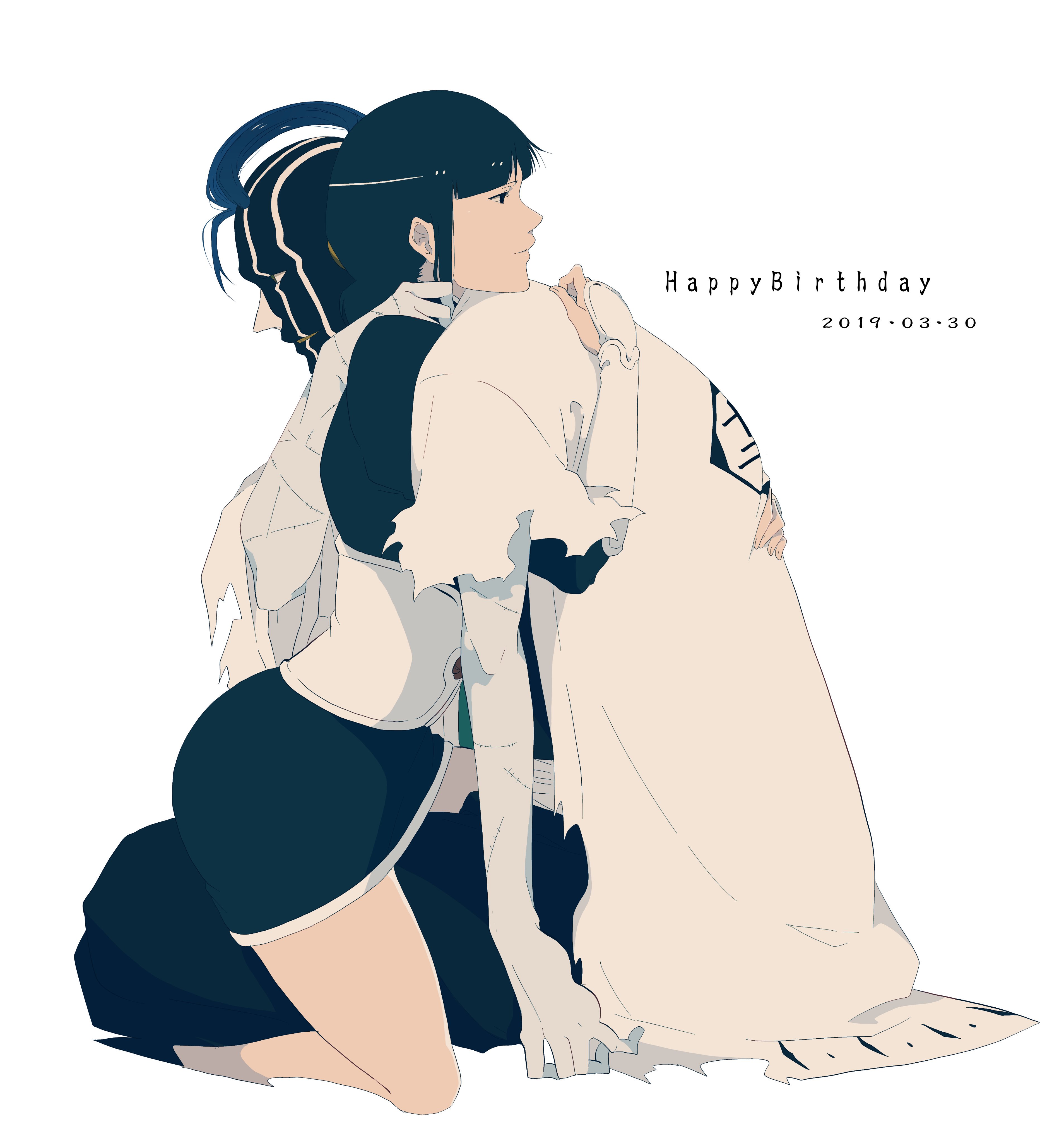 m1gm1gmagnesium, kurotsuchi mayuri, kurotsuchi nemu, bleach, absurdres, commentary request, highres, 1boy, 1girl, black eyes, black hair, blue hair, facepaint, haori, hug, japanese clothes, kneeling, scar, scar on arm, shihakusho, sitting, smile, taichou haori, torn clothes