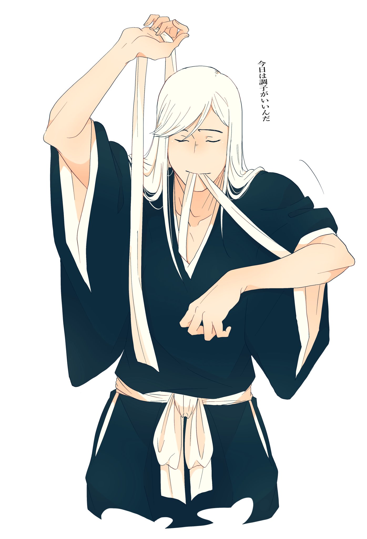 m1gm1gmagnesium, ukitake juushirou, bleach, commentary request, highres, translation request, 1boy, bandages, blonde hair, closed eyes, cowboy shot, eyebrows hidden by hair, holding bandages, long hair, male focus, mouth hold, shihakusho, solo, wide sleeves