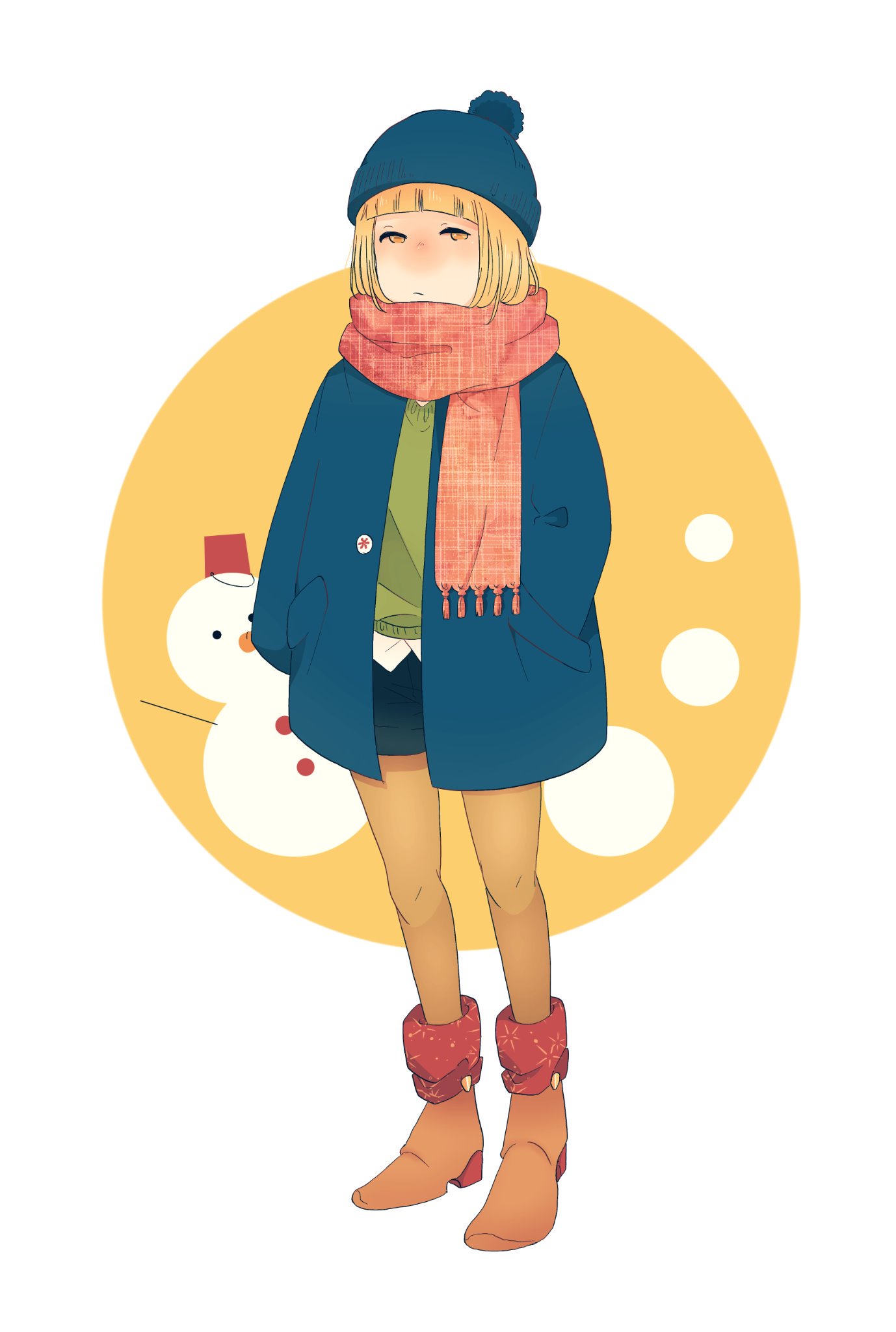 m1gm1gmagnesium, liltotto lamperd, bleach, bleach: sennen kessen-hen, commentary request, highres, 1girl, beanie, black shorts, blonde hair, blue hat, blue jacket, blunt bangs, bob cut, bow, full body, hands up, hat, jacket, light frown, orange bow, pantyhose, red scarf, scarf, short shorts, shorts, snowman, solo, yellow eyes, yellow pantyhose