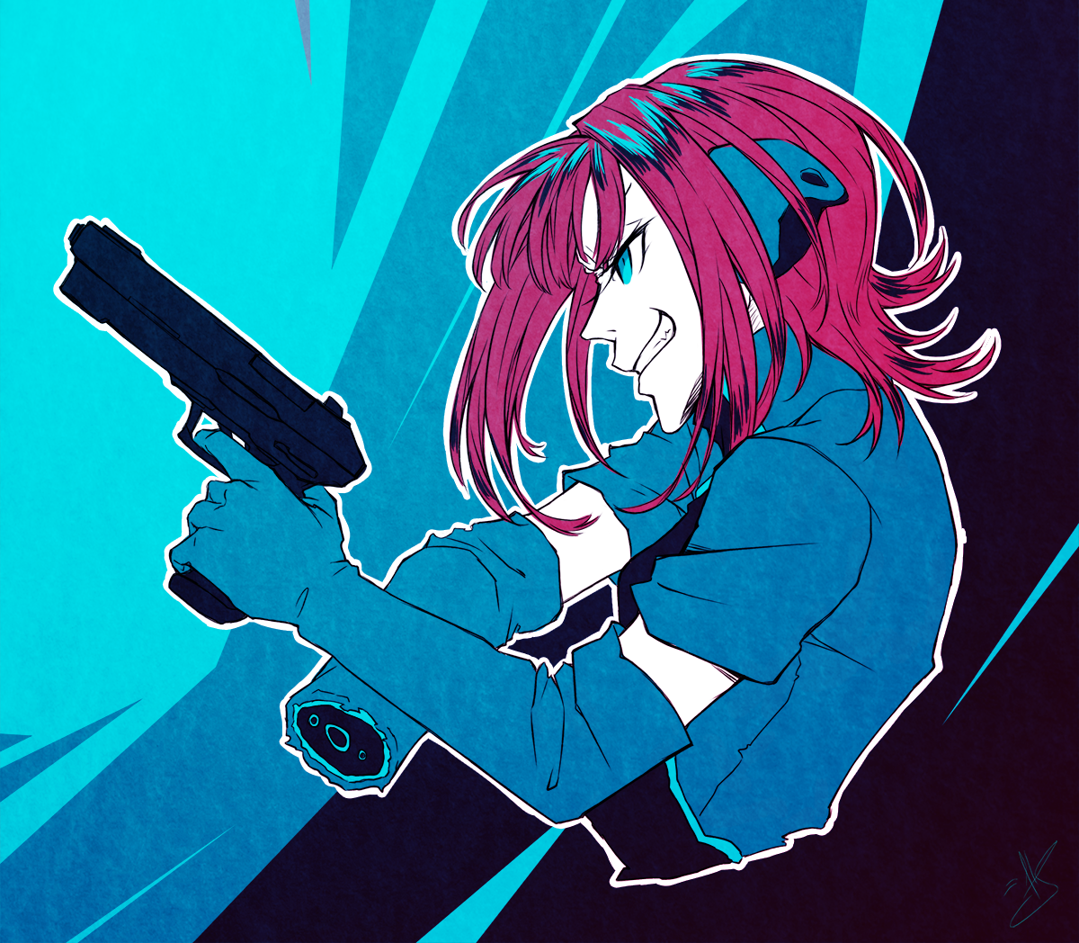 hoshi soul, katori youko, world trigger, 1girl, amputee, blue background, blue eyes, elbow gloves, gloves, grin, gun, handgun, headphones, holding, holding gun, holding weapon, jacket, katori squad's uniform, long hair, missing limb, red hair, short sleeves, signature, smile, solo, weapon
