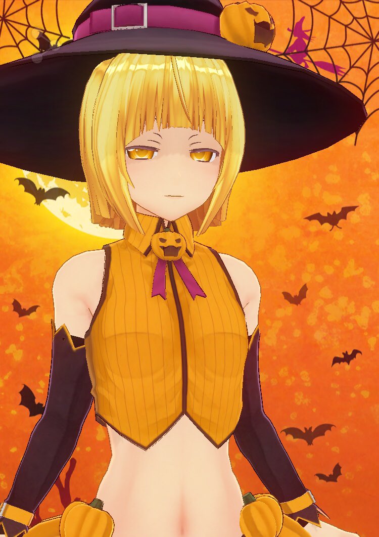 m1gm1gmagnesium, liltotto lamperd, bleach, bleach: sennen kessen-hen, commentary request, 1girl, black hat, blonde hair, blunt bangs, bob cut, breasts, crop top, detached sleeves, expressionless, hat, jack-o'-lantern, midriff, orange background, shirt, short hair, silk, simple bat, sleeveless, sleeveless shirt, small breasts, solo, spider web, upper body, witch hat, yellow eyes