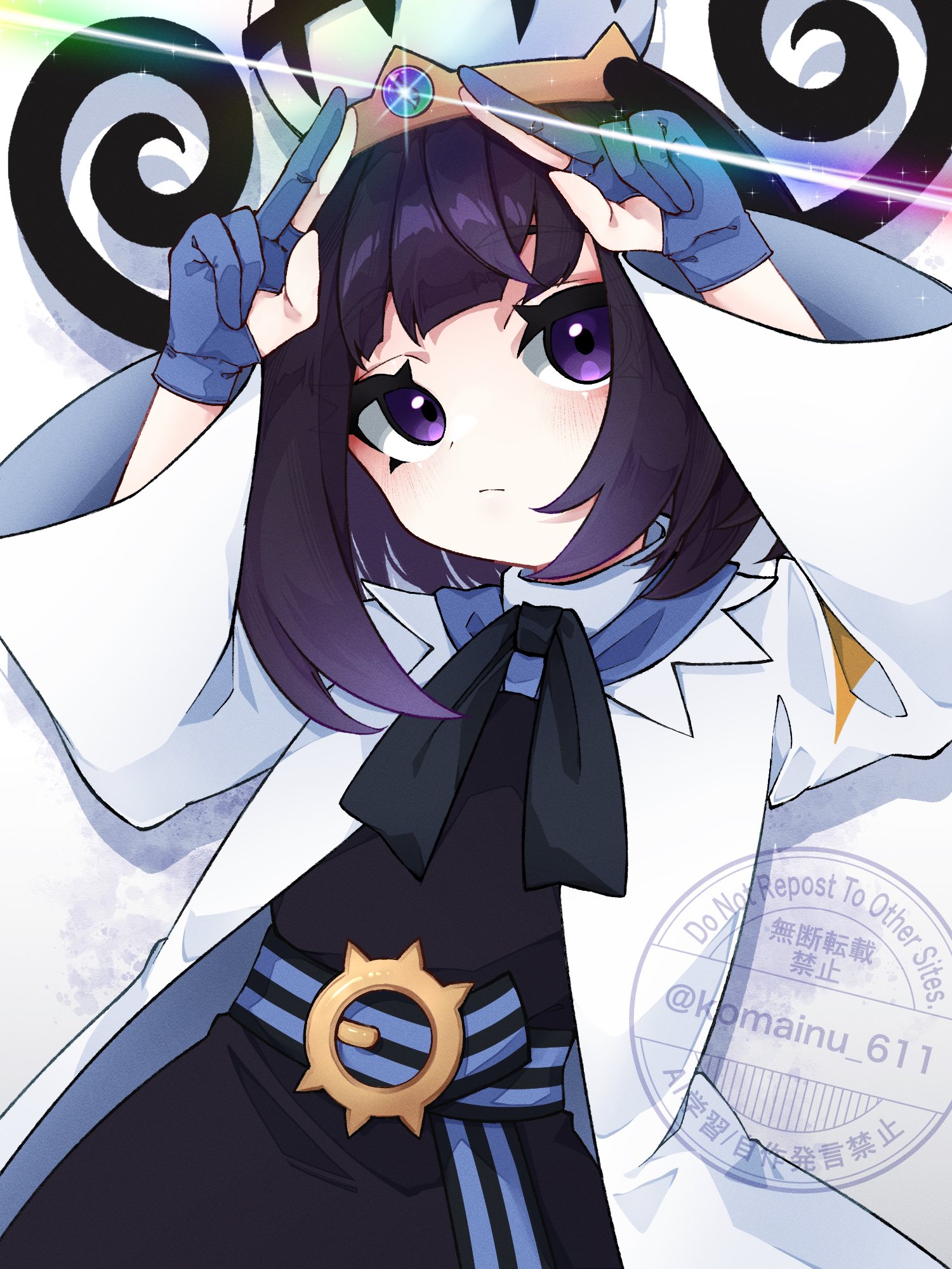 yami nabe, gwynn (pokemon), nintendo, pokemon, pokemon legends: z-a, commentary request, highres, 1girl, belt, belt buckle, black belt, black dress, black hair, blue belt, blue gloves, blush, bob cut, buckle, closed mouth, coat, dress, gloves, gradient hair, hat, long sleeves, looking at viewer, mega stone, multicolored hair, o-ring, o-ring belt, open clothes, open coat, partially fingerless gloves, purple eyes, purple hair, short hair, solo, twitter username, two-tone belt, upper body, white coat