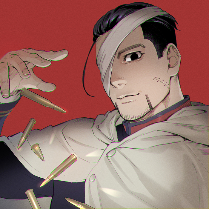 foxvulpine, ogata hyakunosuke, golden kamuy, commentary request, 1boy, bandage over one eye, black eyes, black hair, bullet, cloak, closed mouth, facial hair, goatee stubble, hair slicked back, long sleeves, male focus, red background, short hair, sideburns, solo, stubble, upper body