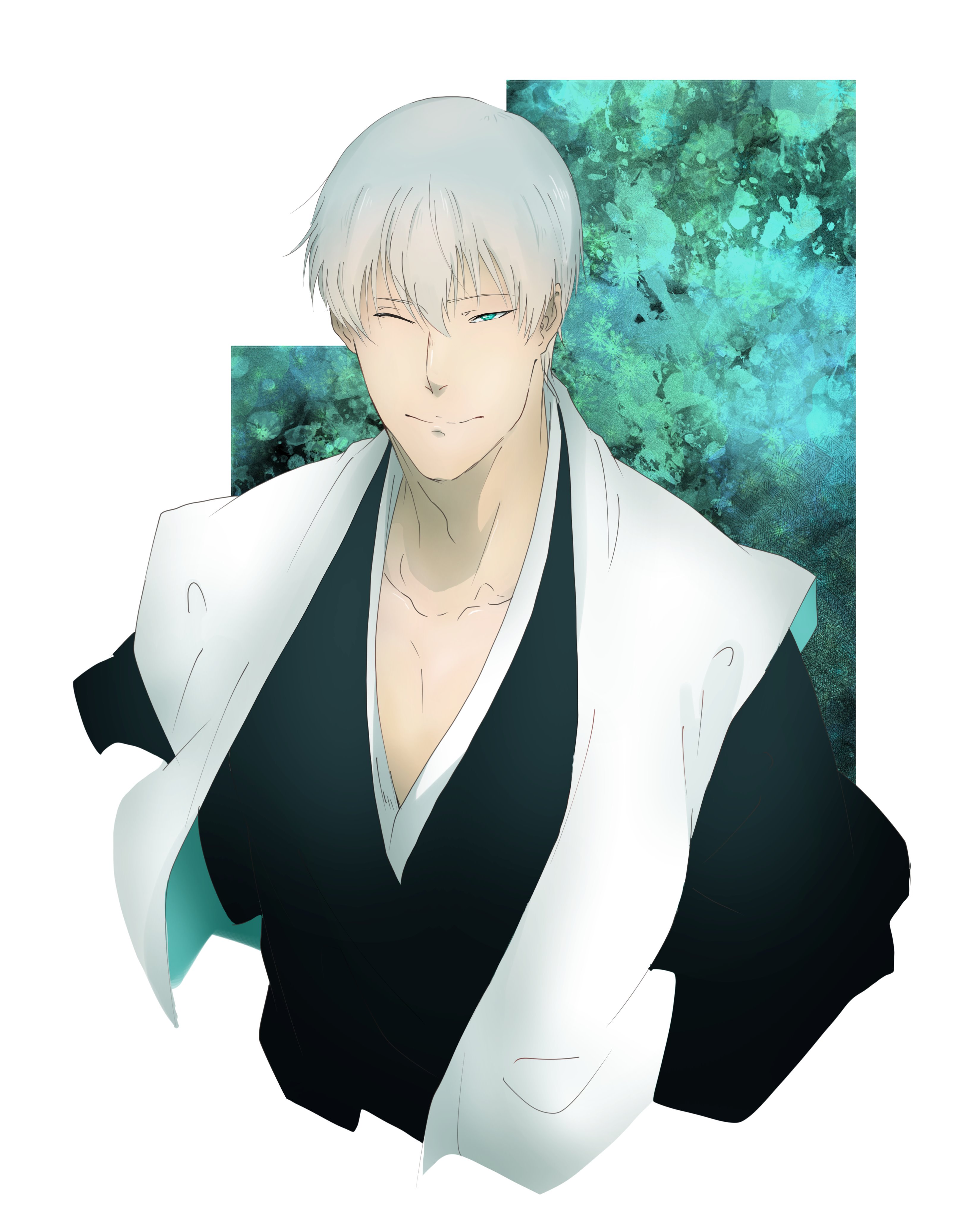 m1gm1gmagnesium, ichimaru gin, bleach, absurdres, commentary request, highres, 1boy, blue eyes, haori, japanese clothes, male focus, one eye closed, shihakusho, smile, solo, taichou haori, unusually open eyes, upper body, white hair