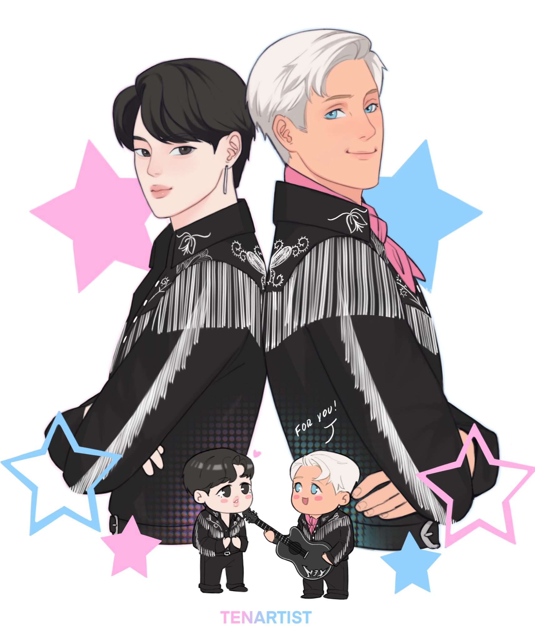 tenartistt, jimin (bts), ken (barbie), ryan gosling, bangtan boys, barbie (franchise), barbie (live action), commentary, english commentary, highres, !, 2boys, :d, artist name, asian, back-to-back, black eyes, black hair, black jacket, black pants, blue eyes, chibi, chibi inset, closed mouth, cosplay, cropped torso, crossed arms, earrings, english text, fringe trim, guitar, halftone, heart, holding, holding guitar, holding instrument, instrument, jacket, jewelry, ken (barbie) (cosplay), looking at another, looking at viewer, multiple boys, neckerchief, open mouth, pants, parted lips, pink neckerchief, short hair, single earring, smile, speech bubble, star (symbol), star symbol background, white background, white hair