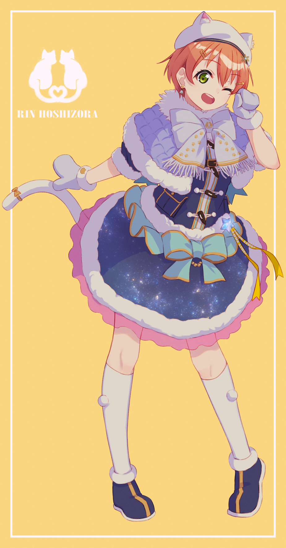 macken666, hoshizora rin, love live!, love live! school idol project, love live! series official card game, commentary request, highres, 1girl, ;d, animal ears, animal hat, black boots, blue skirt, boots, border, capelet, cat, cat ears, cat hat, cat tail, character name, fur-trimmed boots, fur-trimmed capelet, fur-trimmed skirt, fur trim, green eyes, hat, heart tail duo, inset border, kneehighs, looking at viewer, miniskirt, one eye closed, open mouth, orange hair, outside border, print skirt, purple capelet, quilted capelet, short hair, simple background, skirt, smile, socks, solo, standing, starry sky print, tail, teeth, upper teeth only, white border, white hat, white socks, yellow background