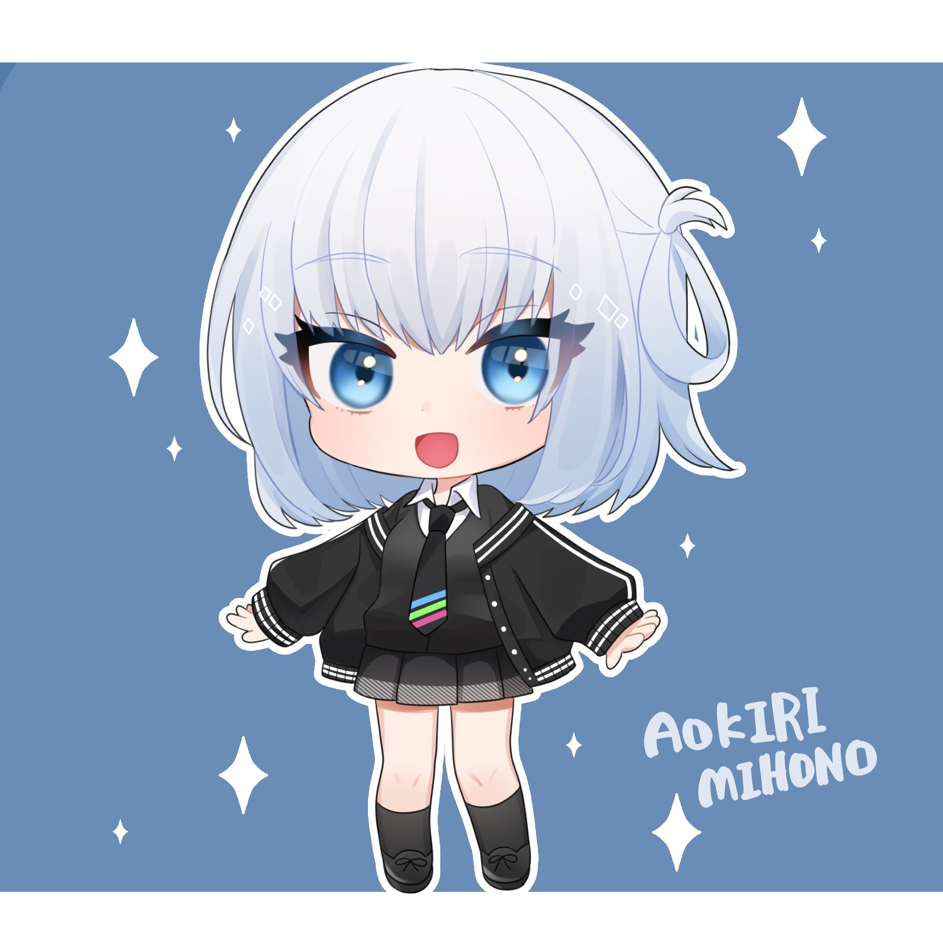 machi no hito, nanase suzuna, nijisanji, virtual talent academy, absurdres, hashtag-only commentary, highres, 1girl, a-pose, black jacket, black necktie, black shoes, black skirt, black socks, black sweater vest, blue background, blue hair, blush, bob cut, border, buttons, character name, chibi, chibi only, collared shirt, full body, hair rings, jacket, letterboxed, looking at viewer, medium hair, necktie, open mouth, outline, pleated skirt, school uniform, shirt, shoes, single hair ring, skirt, smile, socks, solo, sparkle, standing, sweater vest, virtual talent academy school uniform, virtual youtuber, white border, white outline, white shirt
