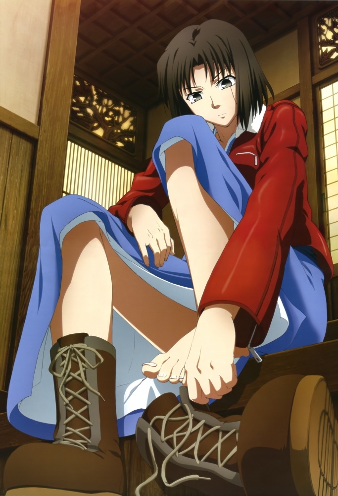 ryougi shiki, kara no kyoukai, type-moon, 1girl, barefoot, boots, breasts, brown hair, feet, female focus, hands on feet, jacket, japanese clothes, kimono, lace-up boots, no socks, red jacket, shoes, short hair, single shoe, small breasts, solo, toes