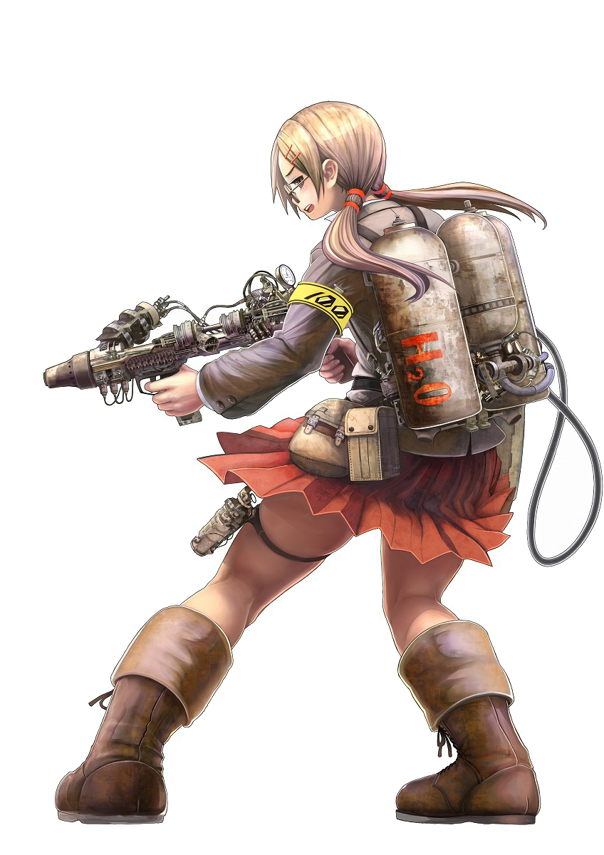 shirakaba, bad id, bad pixiv id, highres, 1girl, blonde hair, boots, brown eyes, female focus, from behind, full body, glasses, gun, long hair, looking back, open mouth, school uniform, skirt, solo, standing, steampunk, thigh strap, twintails, water, water gun, weapon