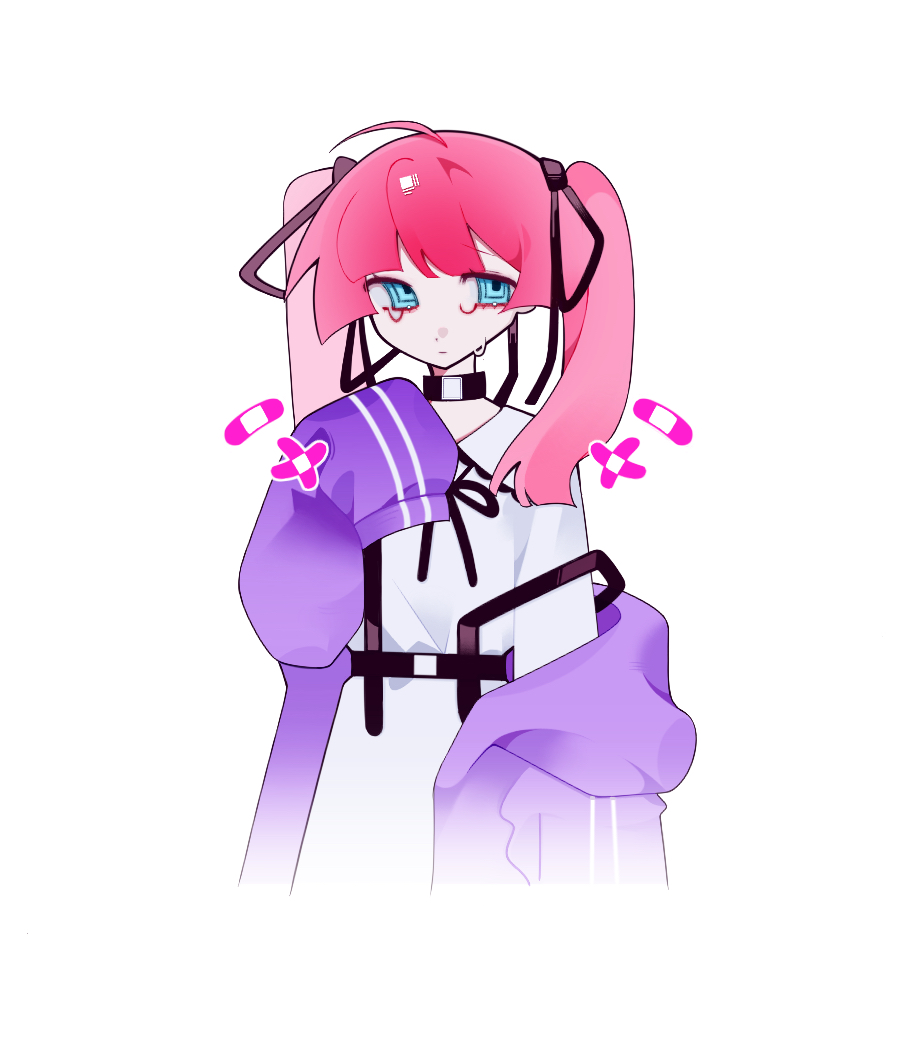 original, vocaloid, chinese commentary, commentary request, 1girl, :|, ahoge, ame michiko, arm at side, bandaid, belt, black belt, black choker, black ribbon, blue eyes, blunt bangs, blunt ends, cardigan, cardigan partially removed, choker, closed mouth, collared dress, cropped torso, crying, crying with eyes open, double vertical stripe, dress, expressionless, flat chest, frilled shirt collar, frills, hair ribbon, hand up, long sleeves, medium hair, neck ribbon, open cardigan, open clothes, pale skin, pink hair, puffy long sleeves, puffy sleeves, purple cardigan, rainy girl (vocaloid), ribbon, ribenhuaguniang, ringed eyes, simple background, sleeves past fingers, sleeves past wrists, solo, strap slip, tears, twintails, white background, white dress