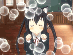 nakano azusa, k-on!, screencap, animated, animated gif, lowres, 00s, 1girl, animal ears, bubble, cat ears, fake animal ears, female focus, indoors, paw pose, sakuragaoka high school uniform, solo