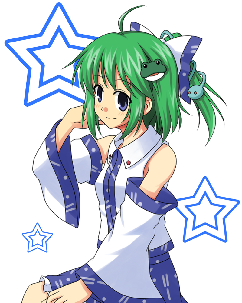 bluepony, kochiya sanae, touhou, 1girl, ahoge, alternate hairstyle, blue eyes, detached sleeves, female focus, frog, green hair, hair ribbon, ponytail, ribbon, short hair, smile, snake, solo, star (symbol)