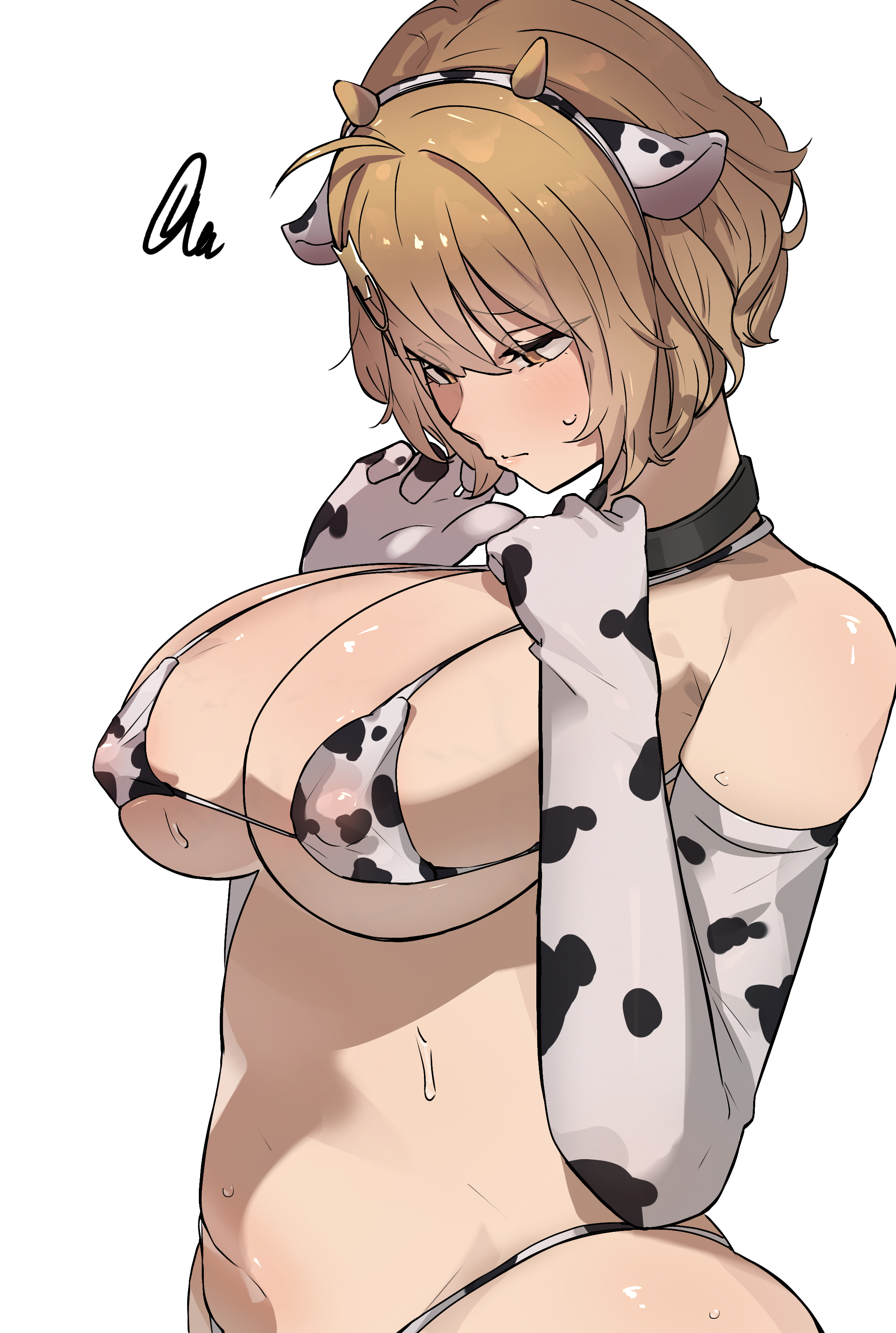 12u5 0817, anis (nikke), goddess of victory: nikke, absurdres, commentary request, highres, 1girl, ahoge, animal ear hairband, animal ears, animal print, bikini, breasts, brown eyes, brown hair, covered erect nipples, cow ear hairband, cow ears, cow horns, cow print, cow print bikini, cow print gloves, elbow gloves, fake animal ears, gloves, hairband, horns, large breasts, micro bikini, navel, print bikini, print gloves, short hair, simple background, solo, squiggle, stomach, swimsuit, white background