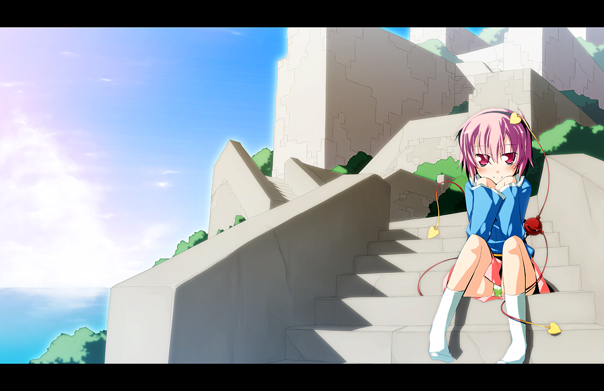 nu (plastic eraser), komeiji satori, touhou, 1girl, building, female focus, hairband, heart, letterboxed, nature, ocean, outdoors, panties, plant, purple eyes, purple hair, skirt, sky, smile, solo, underwear
