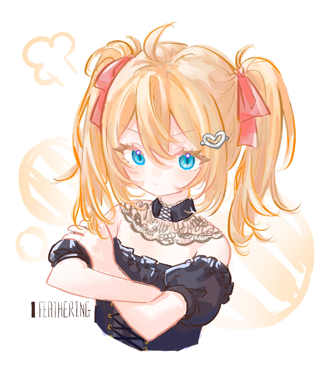 ani (xai), neuro-sama, xai (company), chinese commentary, commentary request, highres, 1girl, ahoge, ani (xai) (cosplay), artist name, black choker, black fur, blue eyes, brown hair, choker, closed mouth, cosplay, cropped torso, featheriiing, from side, hair between eyes, hair ornament, heart, heart hair ornament, lace-trimmed choker, lace trim, long hair, looking at viewer, pink ribbon, red ribbon, ribbon, simple background, solo, twintails, upper body, vedal ai, virtual youtuber, white background