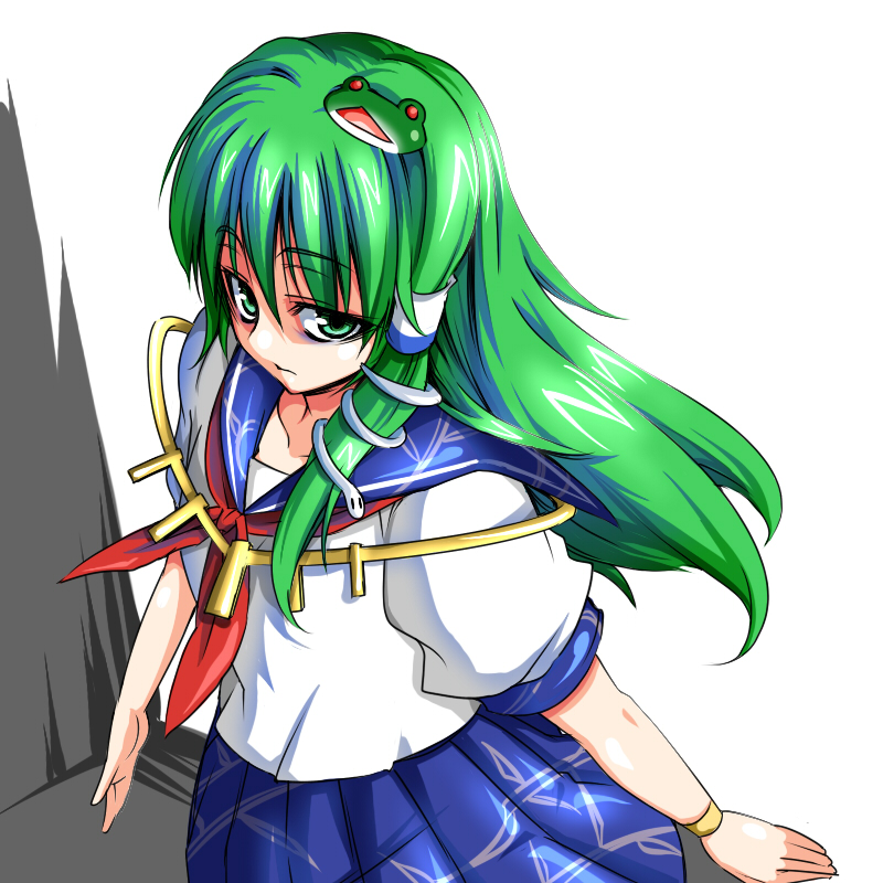 tajima yuuki, kochiya sanae, touhou, 1girl, alternate costume, bags under eyes, female focus, school uniform, serafuku, skirt, solo, tongue, white background