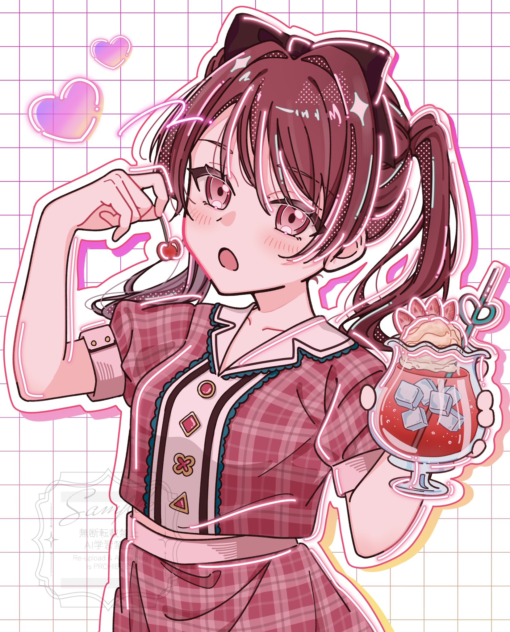 original, commentary, highres, 1girl, blush, bow, buttons, collarbone, collared shirt, colored shadow, cowboy shot, cropped shirt, cup, drinking glass, drinking straw, drop shadow, food, fruit, grid background, hair between eyes, hair bow, hair intakes, hands up, heart, holding, holding cherry, holding cup, ice, ice cream, ice cream float, ice cube, koharusame, lone nape hair, looking at viewer, medium hair, midriff peek, open mouth, outline, plaid clothes, plaid shirt, plaid skirt, poco grande glass, puffy short sleeves, puffy sleeves, red bow, red eyes, red hair, red shirt, red skirt, sample watermark, shadow, shirt, short sleeves, skirt, solo, strawberry, strawberry slice, swept bangs, twintails, watermark, white background, white outline