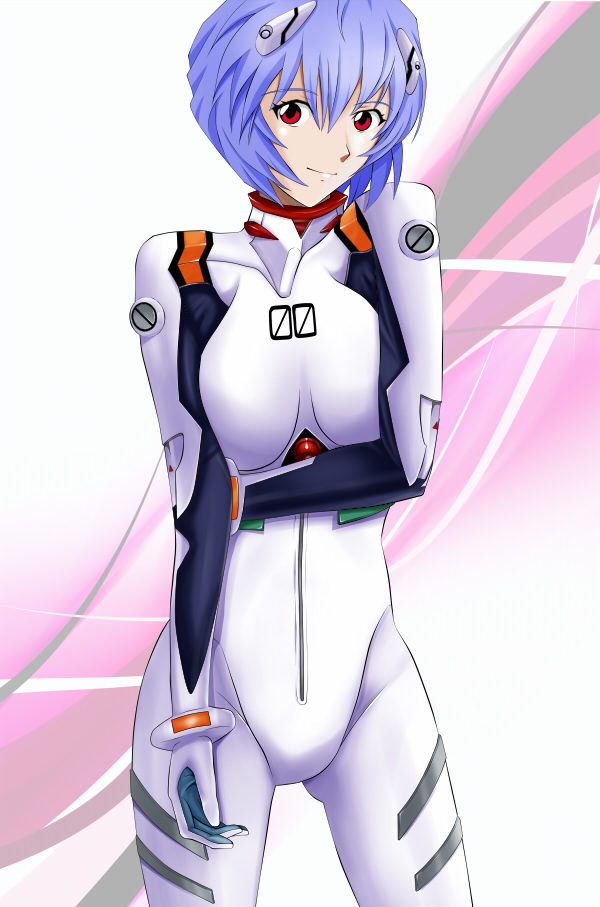 kishida-shiki, ayanami rei, neon genesis evangelion, 1girl, blue hair, bodysuit, bracer, cowboy shot, female focus, gloves, hair between eyes, hair ornament, legs apart, light smile, looking at viewer, mecha pilot suit, plugsuit (evangelion), red eyes, short hair, smile, solo, turtleneck