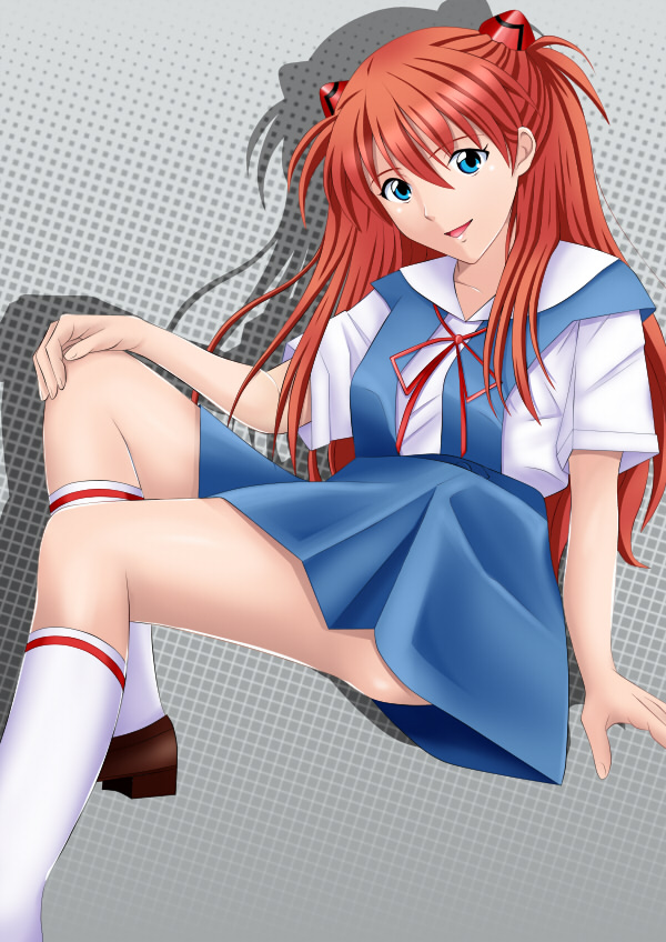 kishida-shiki, souryuu asuka langley, neon genesis evangelion, blue eyes, red hair, school uniform, solo, twintails, two side up