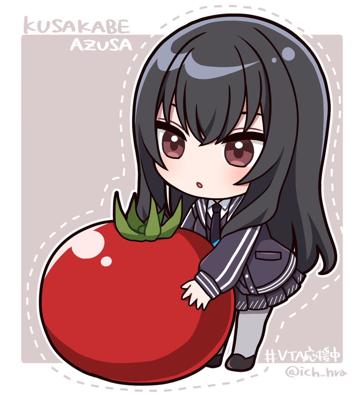 ichihara naga, kusakabe azusa, nijisanji, virtual talent academy, commentary request, highres, 1girl, black hair, black jacket, black necktie, black shoes, black skirt, black sweater vest, blush, border, buttons, character name, chibi, chibi only, collared shirt, food, full body, grey background, grey pantyhose, holding, holding food, holding vegetable, jacket, long hair, necktie, outline, pantyhose, parted lips, pleated skirt, red eyes, school uniform, shirt, shoes, skirt, solo, standing, sweater vest, tomato, twitter username, vegetable, virtual talent academy school uniform, virtual youtuber, white border, white outline, white shirt