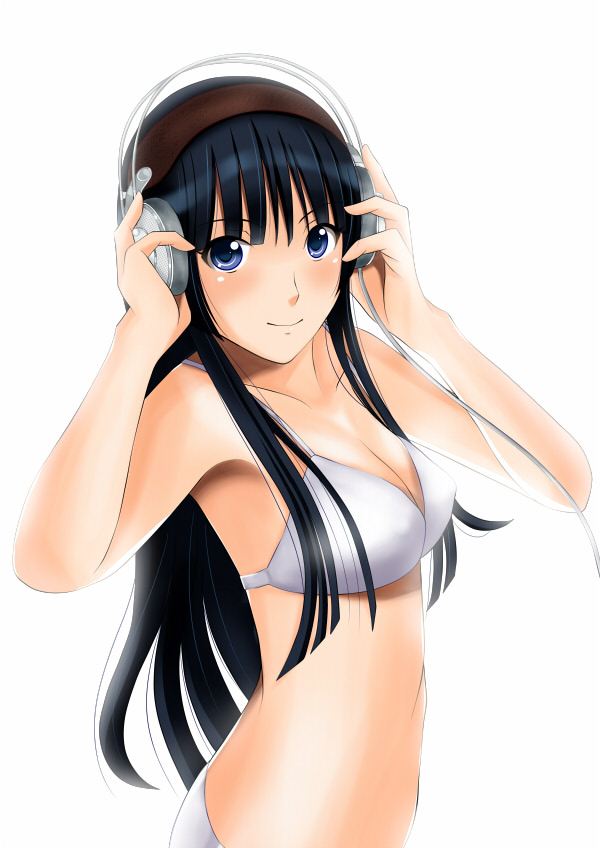 kishida-shiki, akiyama mio, akg, k-on!, 00s, 1girl, akg k-series headphones, bikini, black hair, blunt bangs, breasts, cleavage, female focus, headphones, hime cut, long hair, looking at viewer, medium breasts, simple background, smile, solo, swimsuit, white background, white bikini