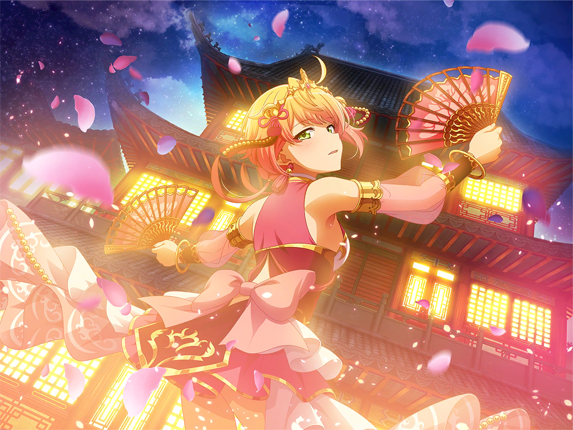 umibe minku, shoujo kageki revue starlight, shoujo kageki revue starlight -re live-, game cg, official art, 1girl, architecture, back bow, bow, bracelet, building, cherry blossoms, detached sleeves, dress, dual wielding, east asian architecture, falling petals, folding fan, from behind, green eyes, hand fan, headgear, holding, holding fan, jewelry, looking at viewer, orange hair, parted lips, petals, pink bow, pink dress, see-through clothes, see-through sleeves, solo, standing, upper body
