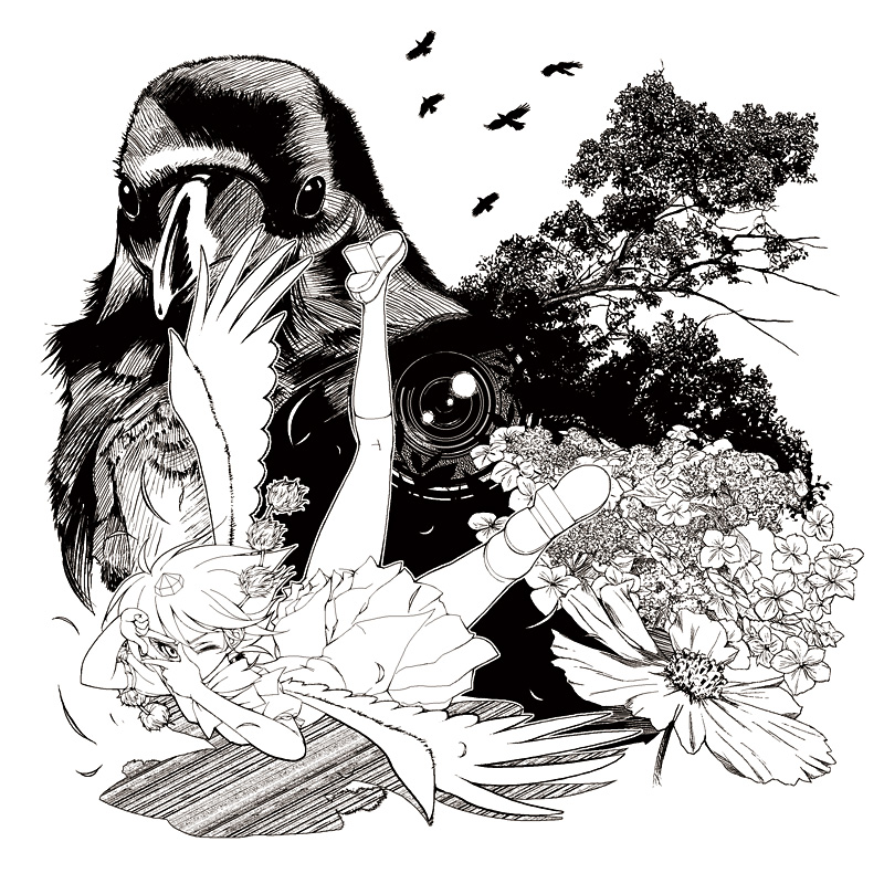 kabayaki unagi, shameimaru aya, touhou, looking away, bad id, bad pixiv id, 1girl, bird, camera, crow, expressionless, female focus, finger frame, flower, flying, geta, greyscale, hat, monochrome, solo, tengu-geta, tokin hat, tree, wings