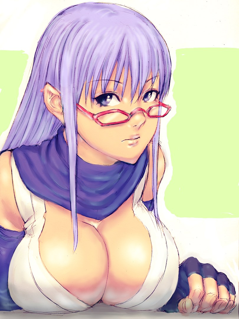 fumio (rsqkr), sarutobi ayame, gintama, light purple hair, 00s, 1girl, breast press, breasts, cleavage, female focus, fingerless gloves, glasses, gloves, huge breasts, large breasts, purple eyes, purple hair, purple scarf, scarf, solo