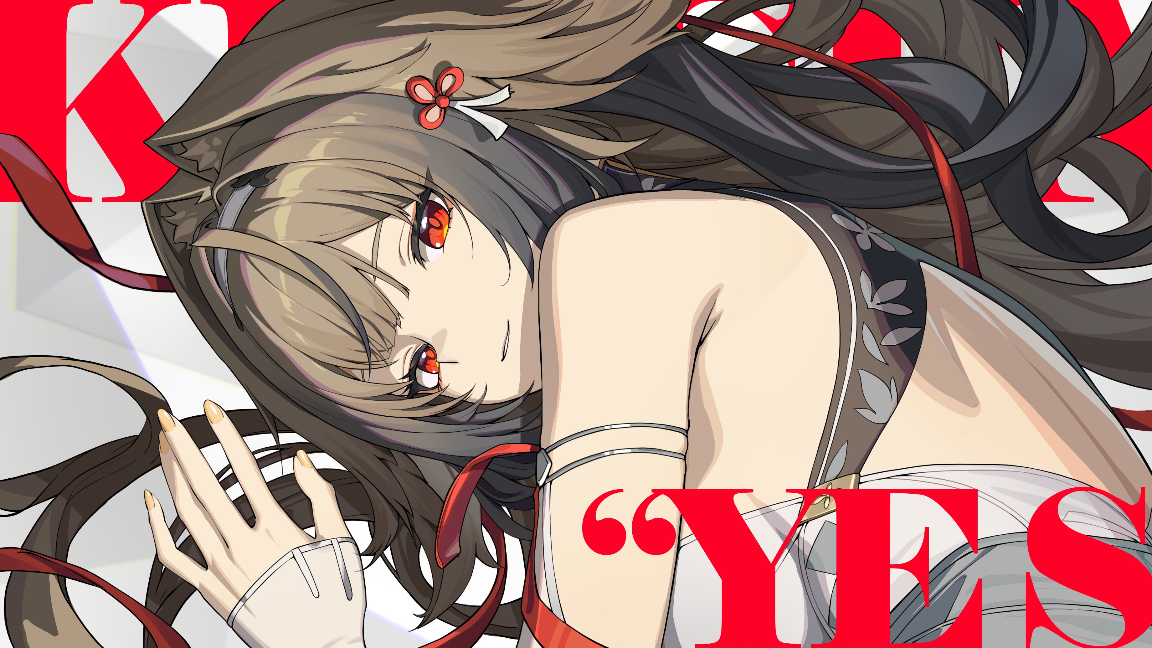 madyy, ye shunguang, zenless zone zero, absurdres, duplicate, hashtag-only commentary, highres, 1girl, animal ears, bare shoulders, black hair, brown hair, clothing cutout, english text, fox ears, fox girl, gradient hair, hair ornament, light smile, long hair, looking at viewer, multicolored hair, red eyes, very long hair, yellow nails